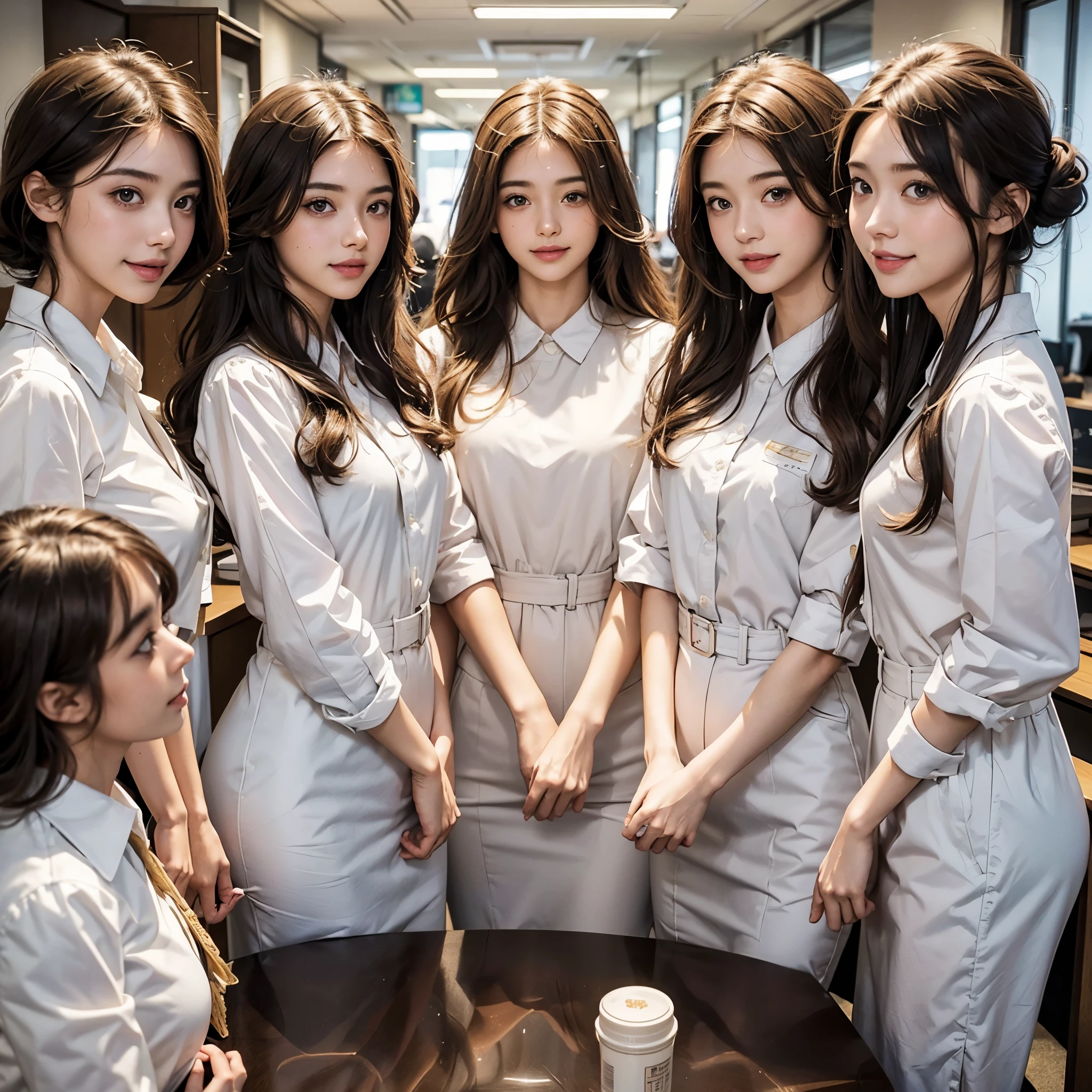 Perfect anime illustration, Multiple girls, thousands of girls, millions of girls, clone, identical sisters, Neat row of sisters, neat columns of sisters, Sisters stand in formation, sisters in background, brown hair, curls, Match hairstyle, hazel eyes, smiling, ((Matching clothing, female office worker, staff)), Match hairstyles, White background, high resolution, whole body, posture