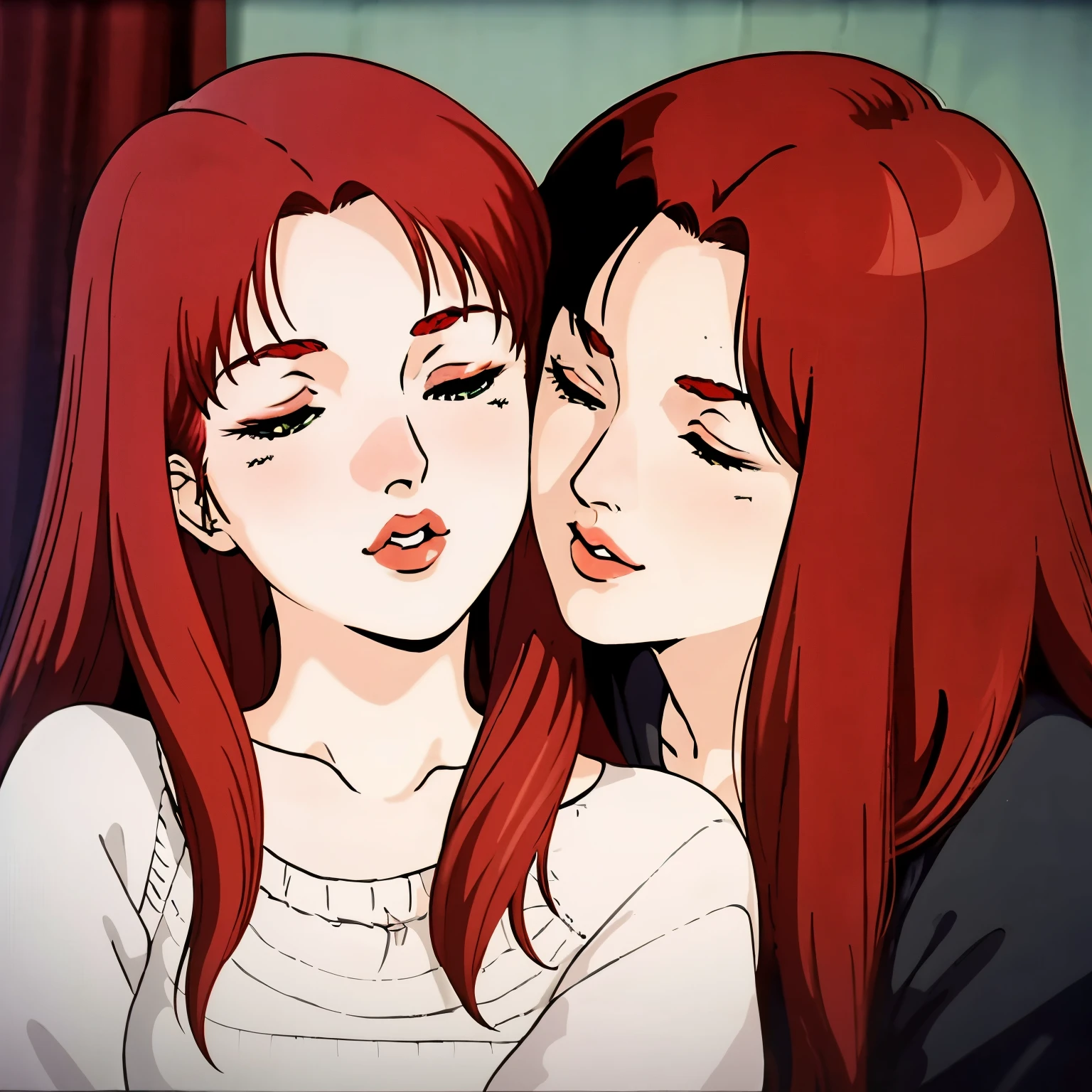 masterpiece,high quality,highres,2people,nsfw, christinamackenzie,2girls, bedroom, naked body,close-up, sex,horny,(dark red lips:0.9),pucker kiss,smooch kiss, choker, face blush, closed eyes,(pale skin:1.2), long hair,parted bangs,red hair,green eyes, 