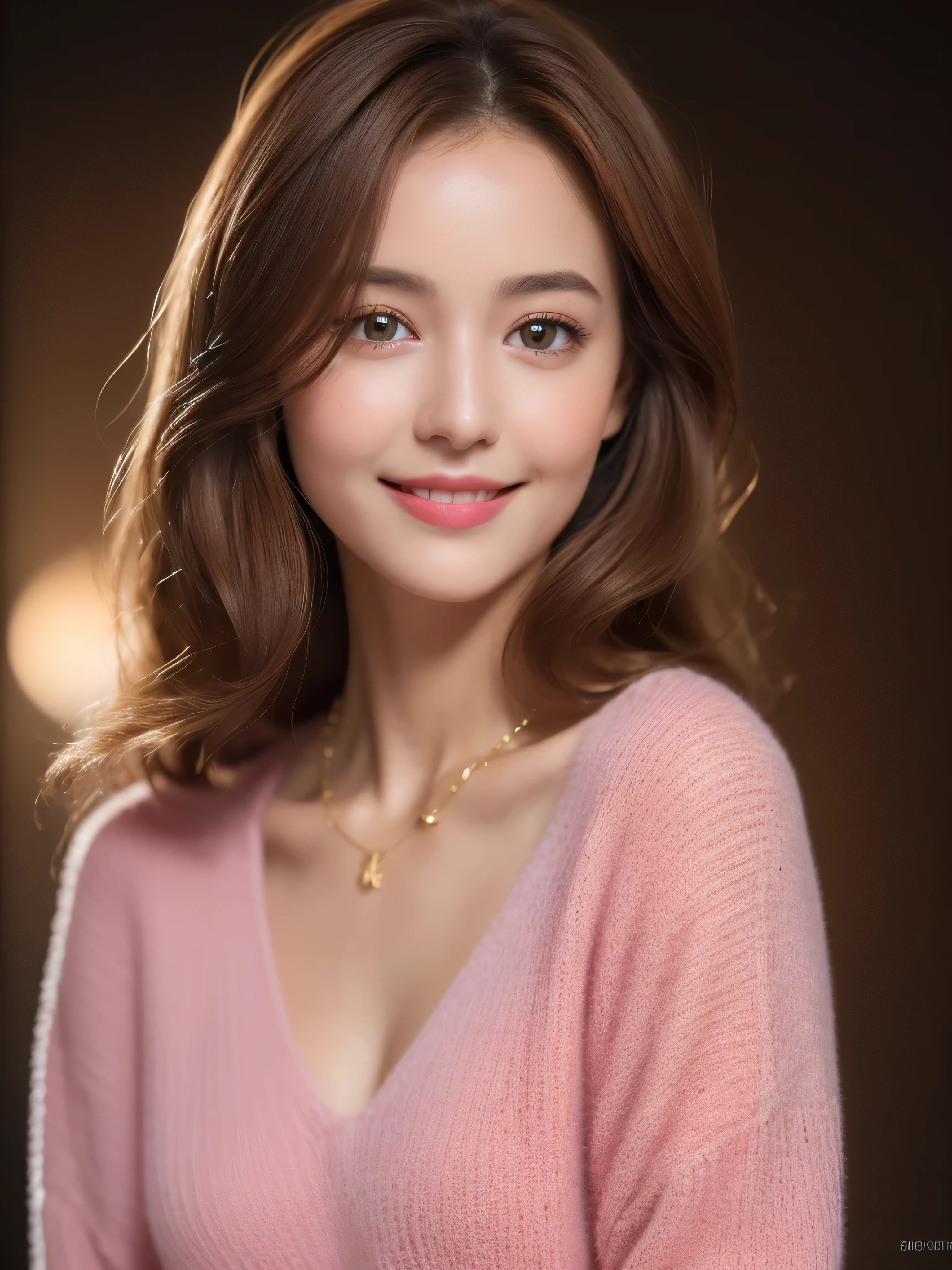((Night, Realistic Light, Best Quality, 8K, Masterpiece: 1.3)), 1girl, Slim Beauty: 1.4, Abs: 1.1, (Brown hair, Medium breasts: 1.3), Long pink sweater: 1.1, Bathroom, Super fine face, Delicate eyes, Double eyelids, smile, necklace