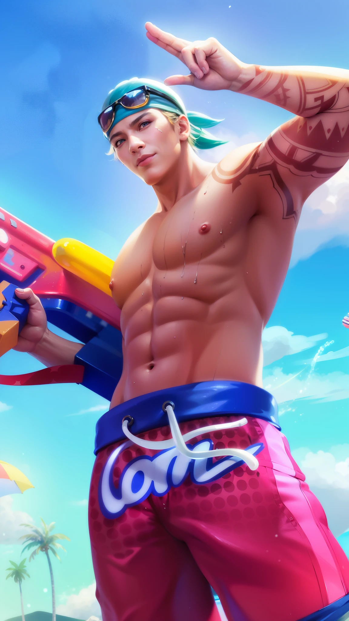 male, masterpiece, ((perfect eyes)) best quality, (semirealism:1.9), beautiful lighting, (extremely detailed CG unity 4k fhd wallpaper), High Detail, Sharp focus, dramatic outdoors, a close up of a person with a surfboard on a beach, rossdraws cartoon vibrant, epic digital art illustration, shirtless :: high detail, deviantart artstation cgscosiety, splashcreen character art, ross tran 8 k, ross tran style, background artwork, extremely detailed artgerm, rossdraws digital painting, rossdraws 1. 0, smile.