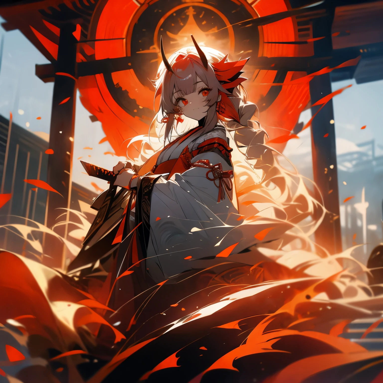 gray hair,long hair,shrine maiden,amber,red eye,knife