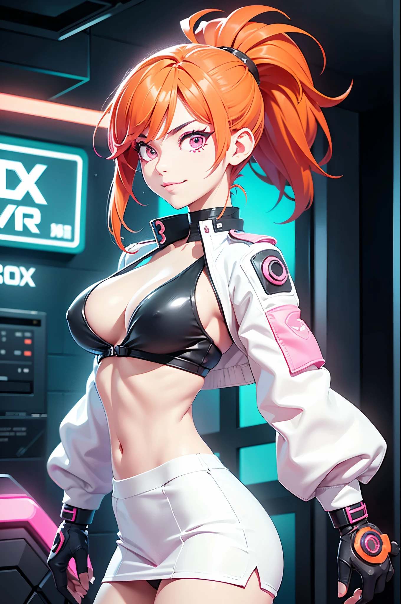 Draw a manga-style character with a physical appearance with this form of the hair Orange with black highlights, tied into glow two ponytails shaped like , Pink color eyes, bright, and expressive and Build Slim and athletic, Attire Upper Body White leather jacket with cyberpunk details, such as integrated LED lights or futuristic lines, Lower Body Sporty bikini in orange, white, and black colors, blending with the cyberpunk style while allowing freedom of movement for physical activities, Personality Creative and curious Always seeking new experiences and forms of expression, Her creative mind drives her to constantly explore new ideas and concepts,glow bikini suggestive, white skin girl,smile coquette, big  , ojos color rosa, mini skirt, muslos, senos visibles, side 