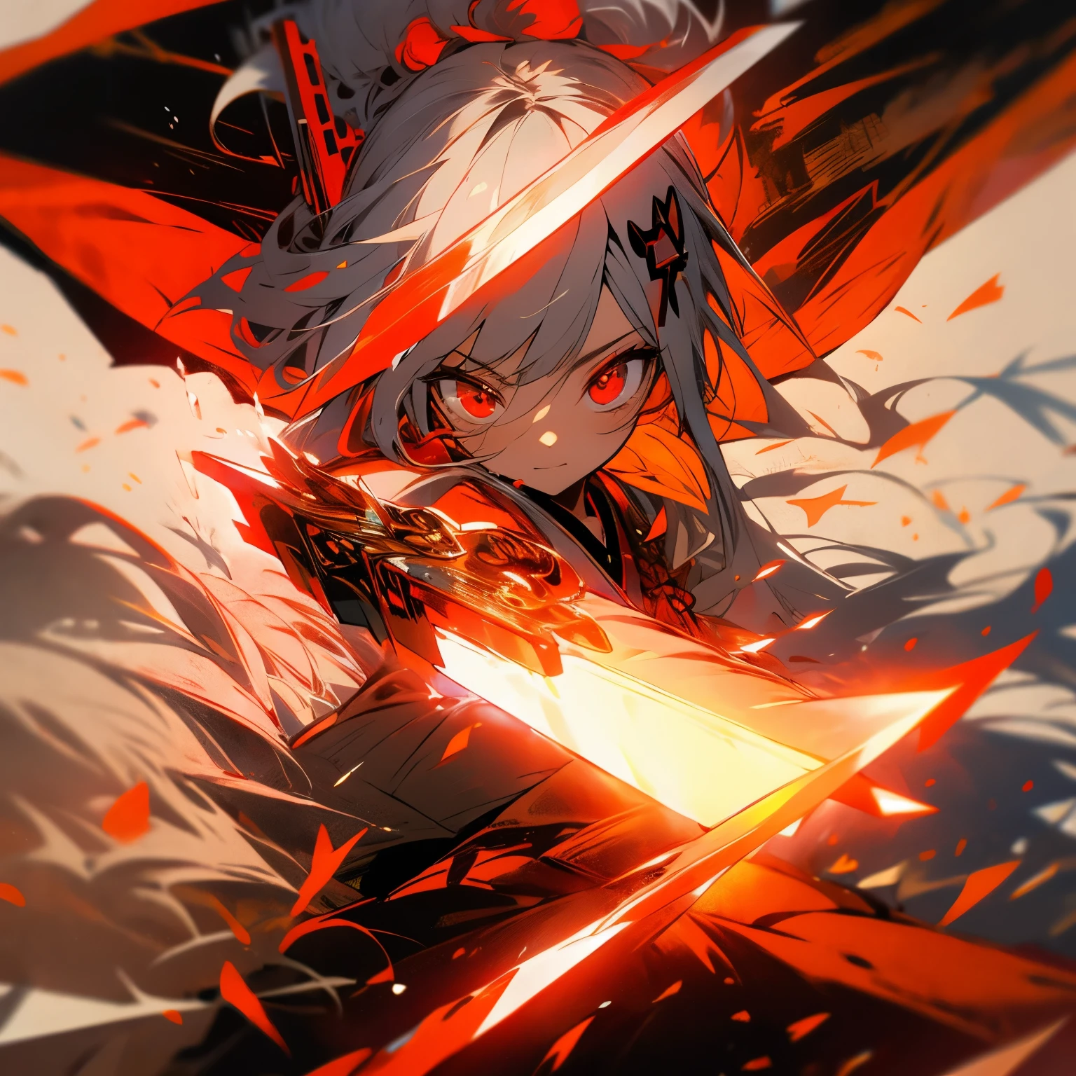 gray hair,long hair,shrine maiden,amber,red eye,knife