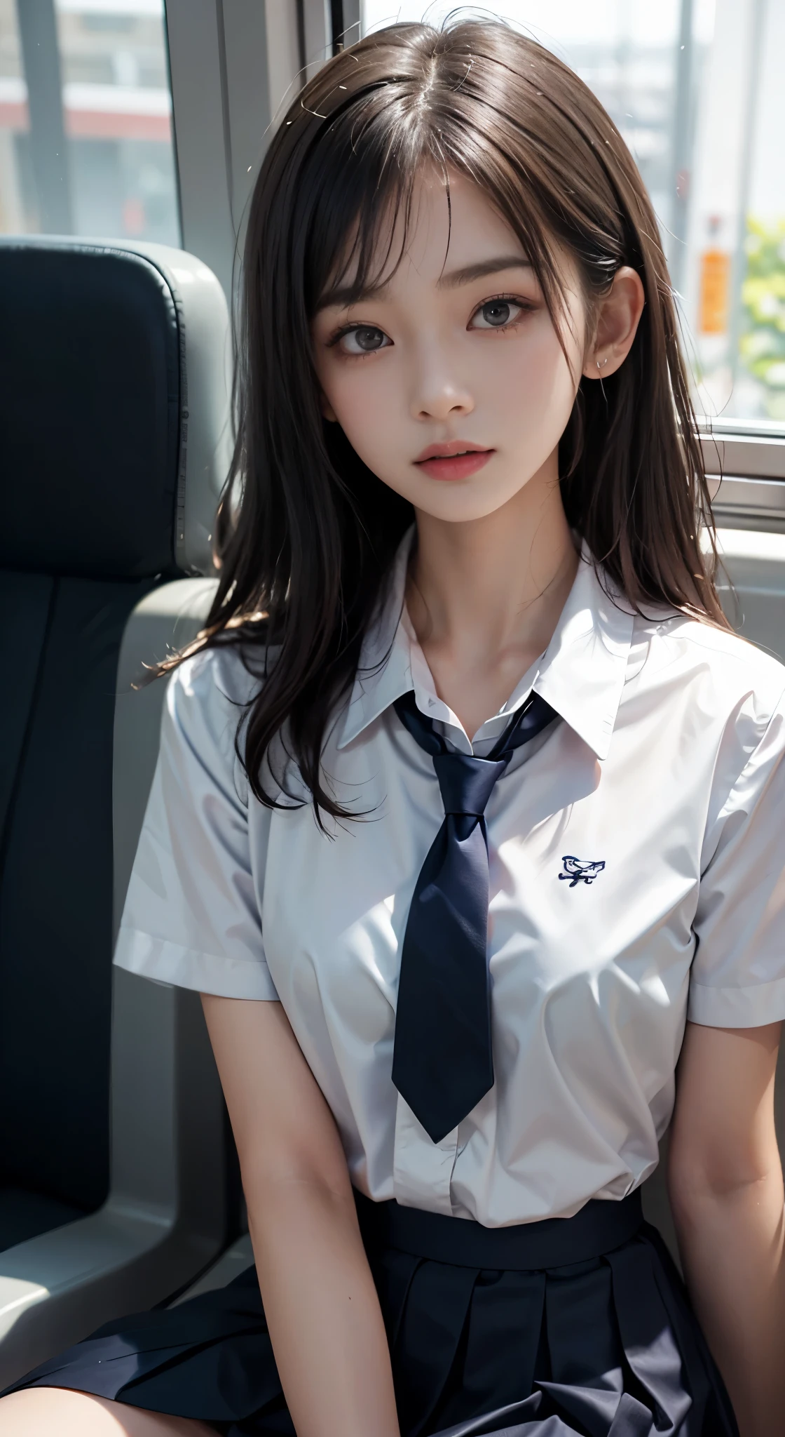(masterpiece, highest quality:1.2), 8k, 15 years, 85mm, official art, RAW photo, confused, white dress shirt, cute face, close, Upper body, viola lace, gardenia, beautiful girl, school uniform, (navy pleated skirt:1.1), tighten your waist, thighs, short sleeve, on the train, sit on a bench seat, looking at the viewer, no makeup, (smile:0.4), film grain, chromatic aberration, sharp focus, face light, clear lighting, teen, detailed face, background bokeh, (dark red tie:1.1)