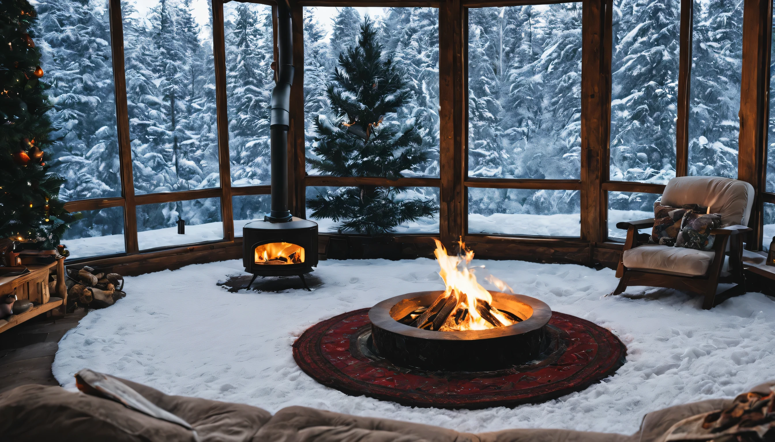 sky, indoors, tree, no humans, window, table, fire, plant, landscape, snow, 冬sky, rug, fireplace,circle