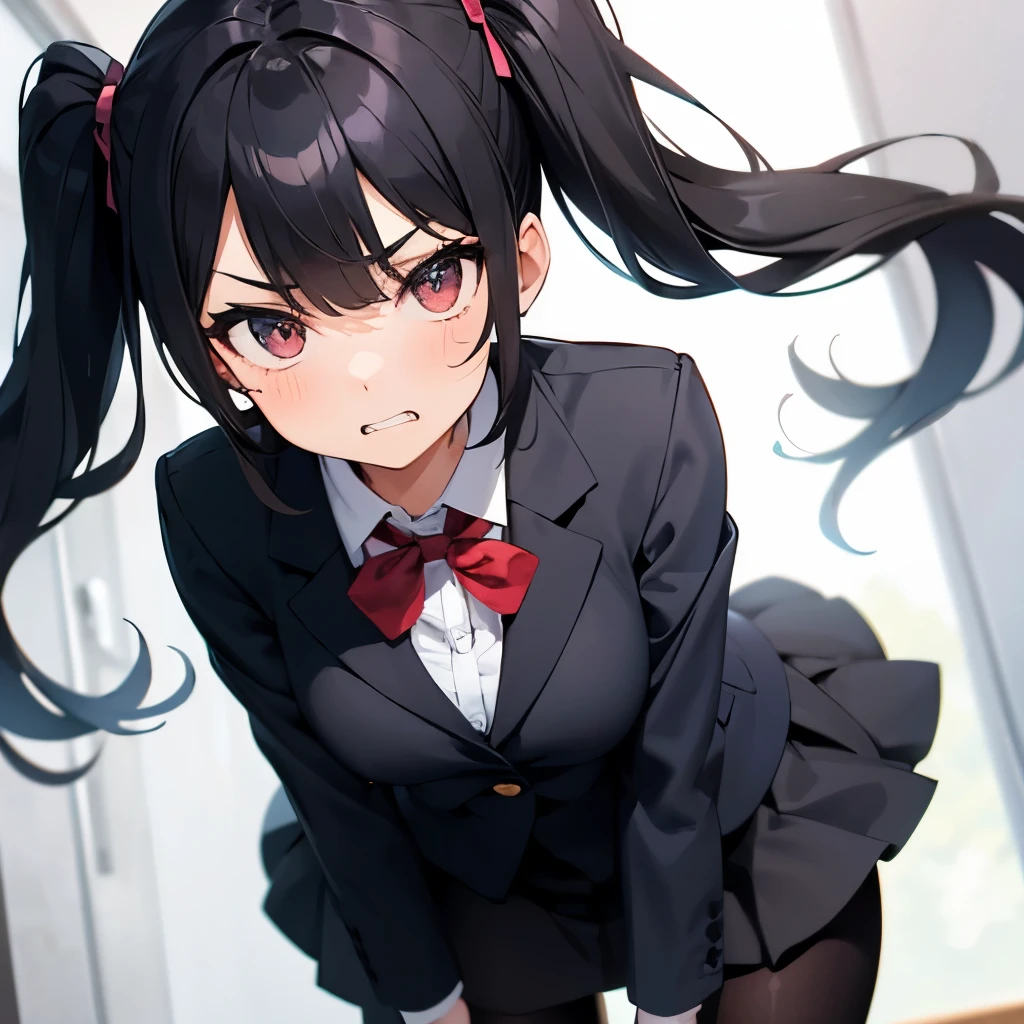 1girl, five fingers, mini Skirt, looking at viewer, twintails, best quality, face focus, blazer, blouse, black pantyhose, classroom, black hair, panching, from front, angry, water eye, anger vein, clenched teeth, dynamic angle,