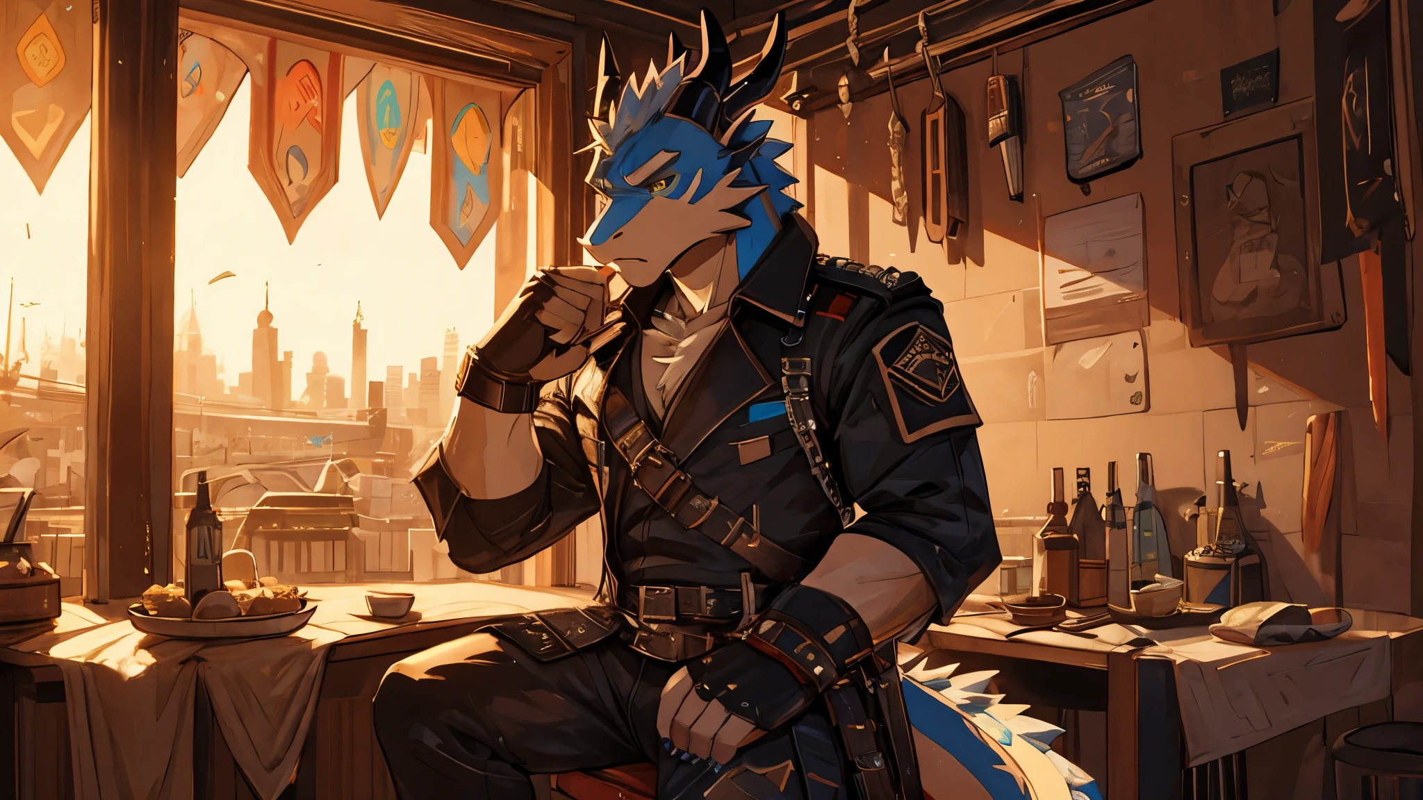masterpiece, alone, cool pose, Furry light blue dragon, moderate intensity body, golden eyes, combat black shirt, combat gloves, combat pants, fiercely, nice, sitting. afternoon, Sunset, post war future background.