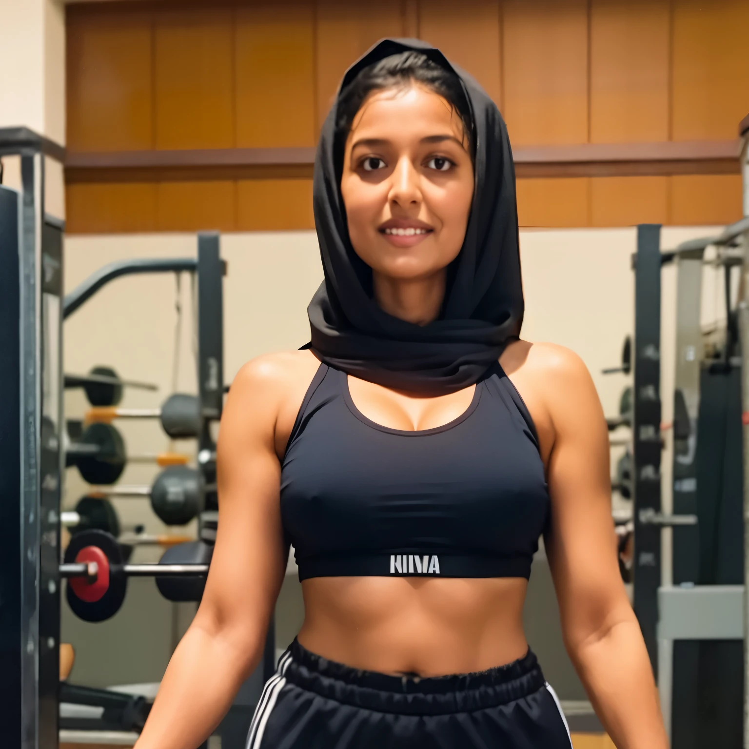 (masterpiece, best quality:1.2), 1girl, solo, anu, original face,  wearing gym outfit, sports bra and mini shorts, showing her deep cleavage and tits, nsfw, with a bust size of 36, waist size 30, hip size 34, wearing hijab, looking at the viewer, with a background of a gym interior, ultra realistic, UHD, 8K