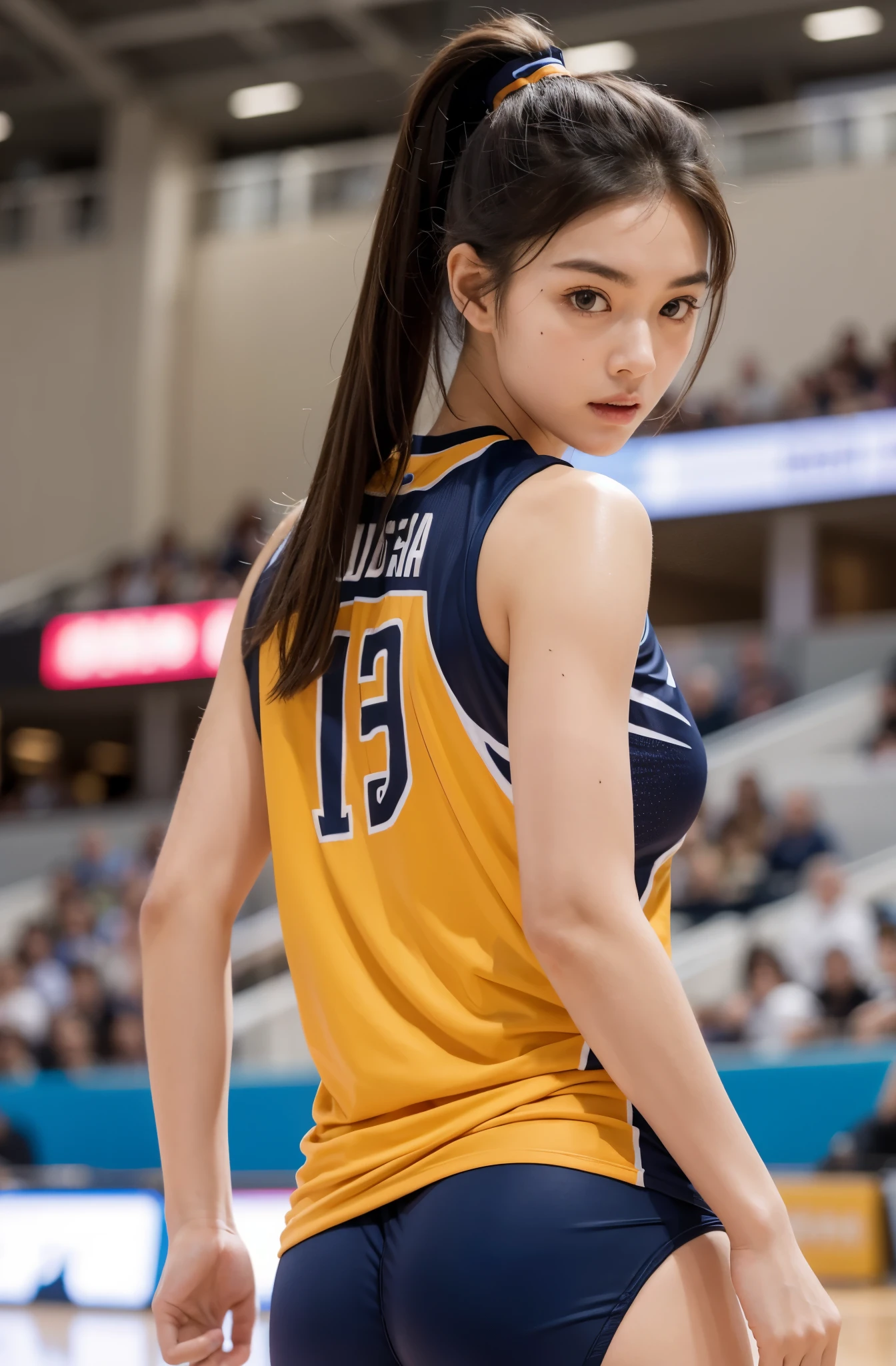 1womanl、(Super beautiful)、(beauitful face:1.5)、age 22、Professional baseball team cheerleading、Hairy axillary、(Armpit hair:1.4)、(Sleeveless clothes)、(You can see the shape:1.1)、Makeup、(wetted skin)、 Brown hair、(Cheers on seats in a packed stadium)、At SFW