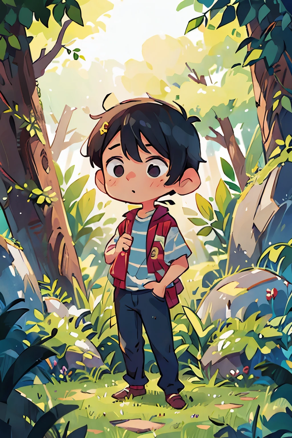 40 year old man standing in the garden、stunned face、black hair、Portrait