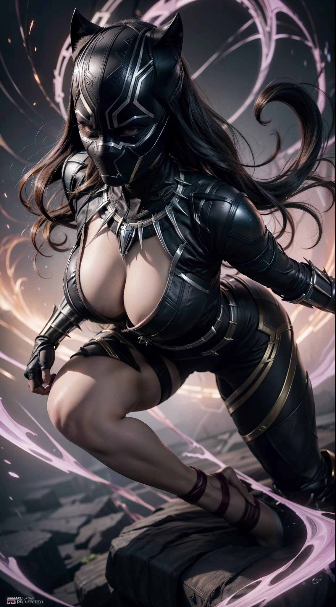 (Marvel's Black Panther, based on the costumes from the Marvel films), (work of art), (ultra detailed), cinematic, (8k resolution), (extremely detailed and technological), Abstract expressionism painting "Hyperion", Black Panther Goddess , technological armor, swimsuit armor showing pussy, epic technological image, epic posture, legendary, crouched posture with hands on the ground, flexible body, legs spread sexy. dark environment, digital painting, concept art portrait of the character, (sexy female body with curves, ((face completely covered wearing black panther mask, sharp panther teeth)), firefly eyes glowing with energy, gold details, cleavage impressive, very open, (extremely long and beautiful natural breasts, large, breasts popping out of the cleavage, dark nipples showing), Get close to emphasize the beautiful cleavage, close-up on sagging breasts), the most beautiful and sexy panther character of all.