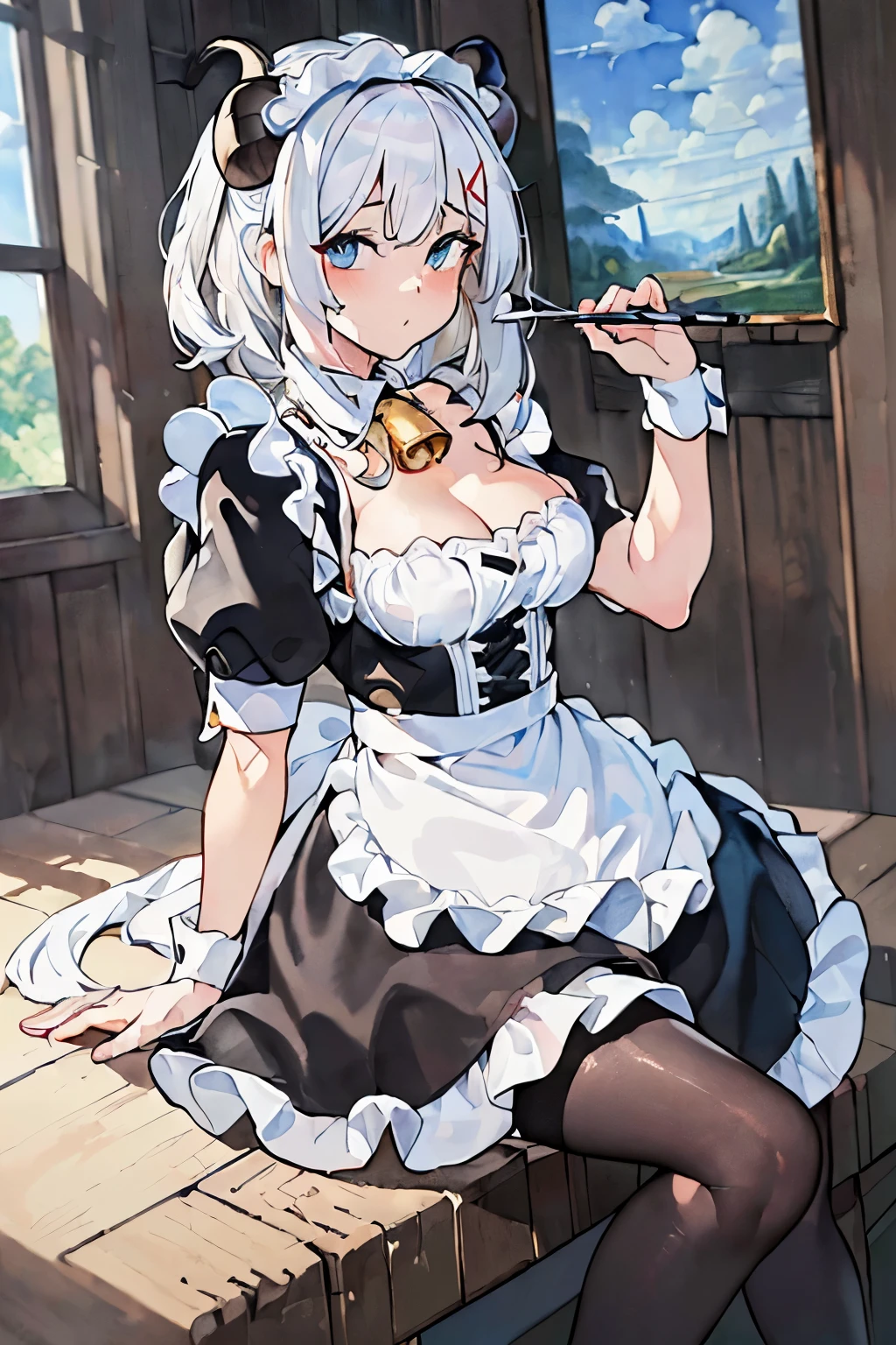 ,(64k, RAW photo, best quality, masterpiece: 1.45),(waterpaint,illustration.paint),detailed rad eyes and cute face , girl (Medium cute fluffy white hair) , Cute big rad eyes , mistress , cute lustful wife, horns ,Collar cute big Bell , thighs , cute Medium bust , Smooth abdomen , maid attire, black pantyhose, student shoes 