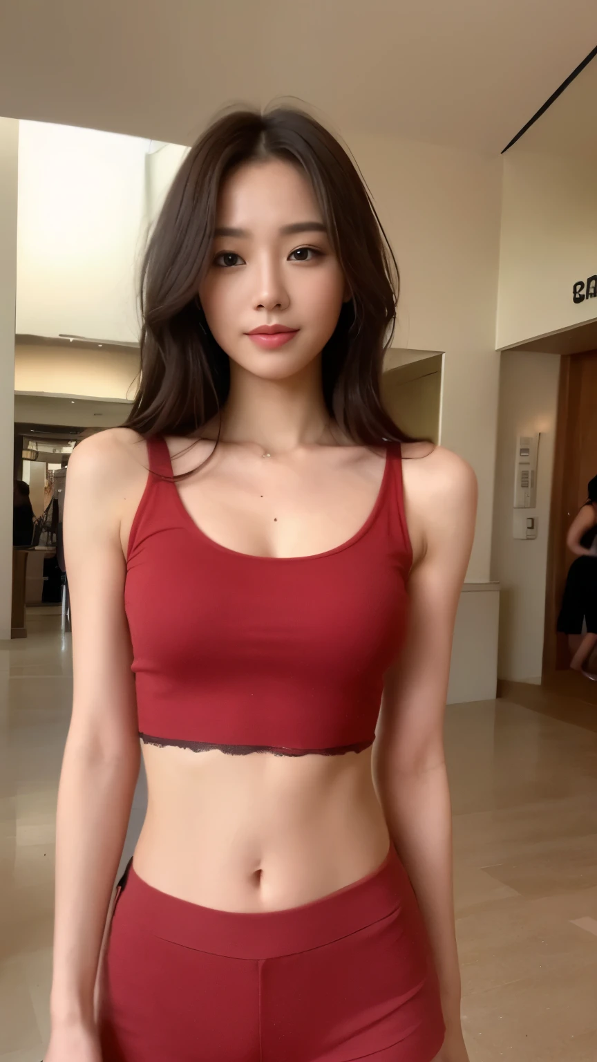 ((top-quality、8k、masterpiece:1.3))、Beautiful woman with perfect body:1.4、slim abdomen:1.2、Longhair, normal breast, Highly detailed facial and skin texture, A detailed eye, delicate eyes, double eyelid, (smile), (full body shot), ((shopping mall)), (standing), ((wearing red tank top with short pants)), looking in front