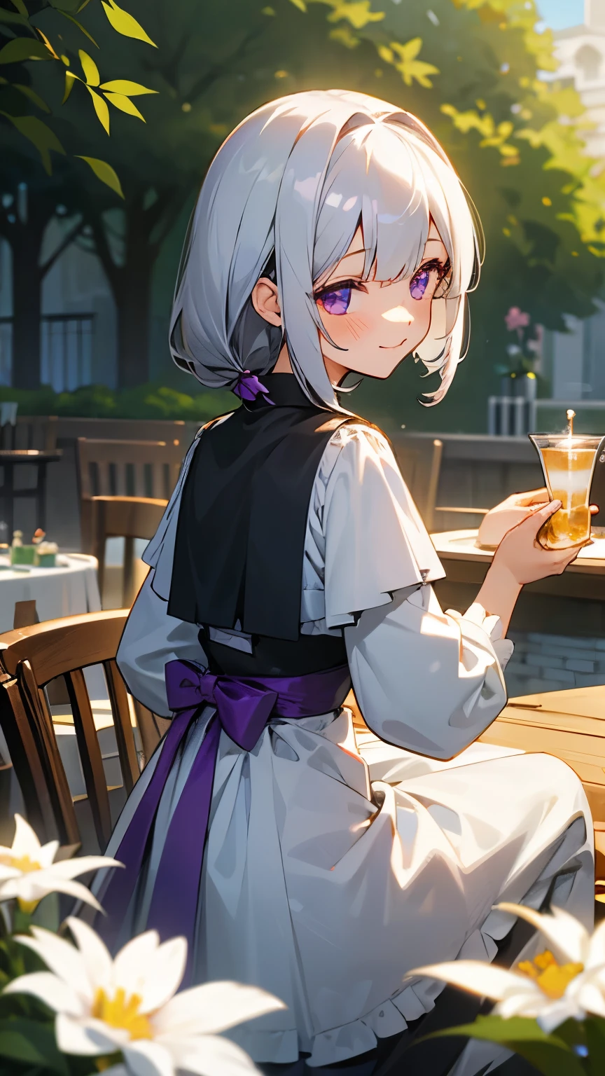 beautiful girl,tea time,紅茶を飲むbeautiful girl,silver hair,purple eyes,bangs airline,Bangs above the eyes,bangs bangs,No thinning lines at the ends of the bangs,two layers of back hair,One layer of back hair is shoulder length,Two layers of hair at the back is waist length,First layer of back hair curled inwards,The first impression of the back hair is a medium bob,The second layer of back hair is curled outward.,Proud smile,garden,table,chair,cake stand