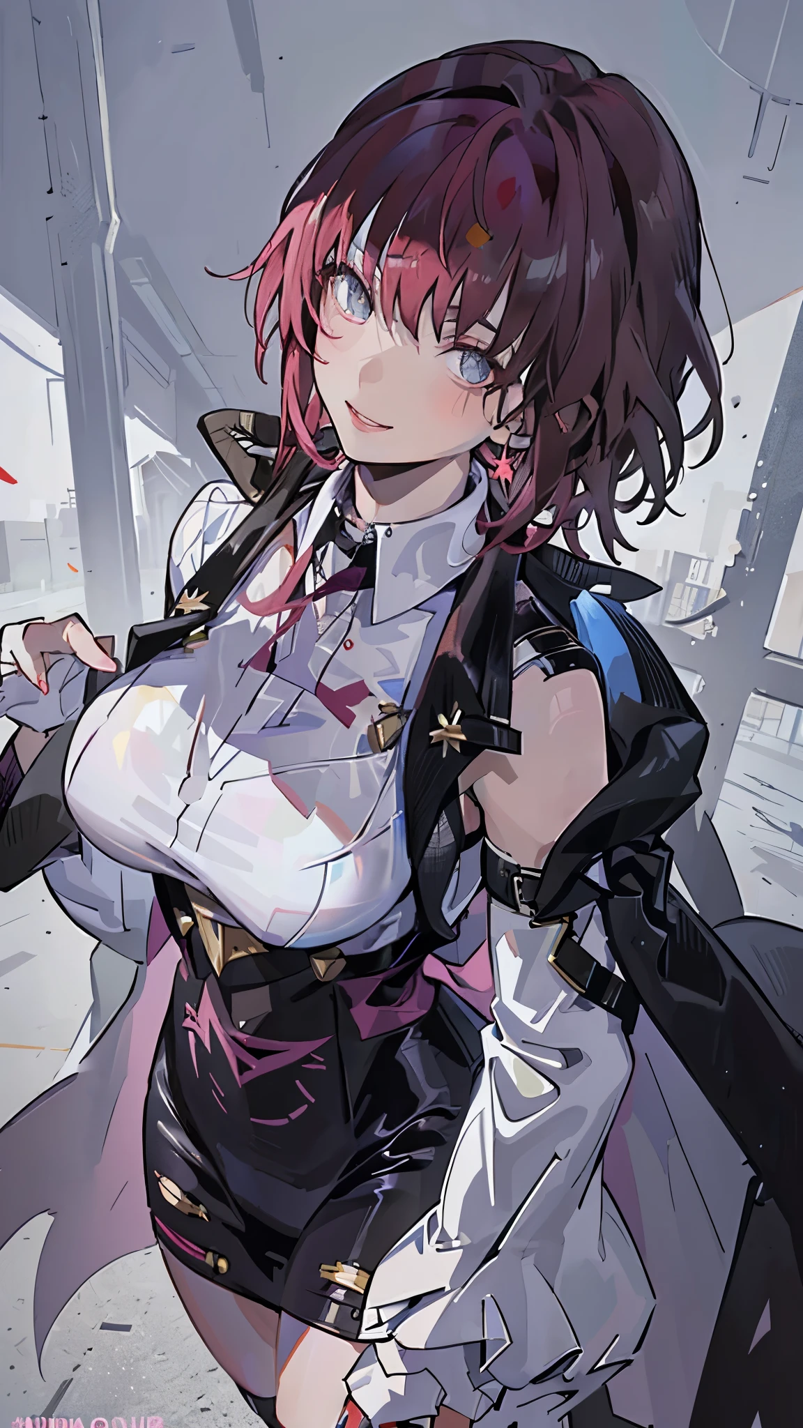 (masterpiece: 1.6, 最high quality), (Are you okay, beautiful eyes: 1.2), (overhead), high quality, beautiful face, 1 girl, wide shot, white crop top, Leather Tight Skirt, oversized leather jacket, open shoulders, big breasts, long hair, wide hips, (landscaped, ), street, background, Detailed background, with a creepy smile, smile at the corner of the mouth, long coat, shirt tie