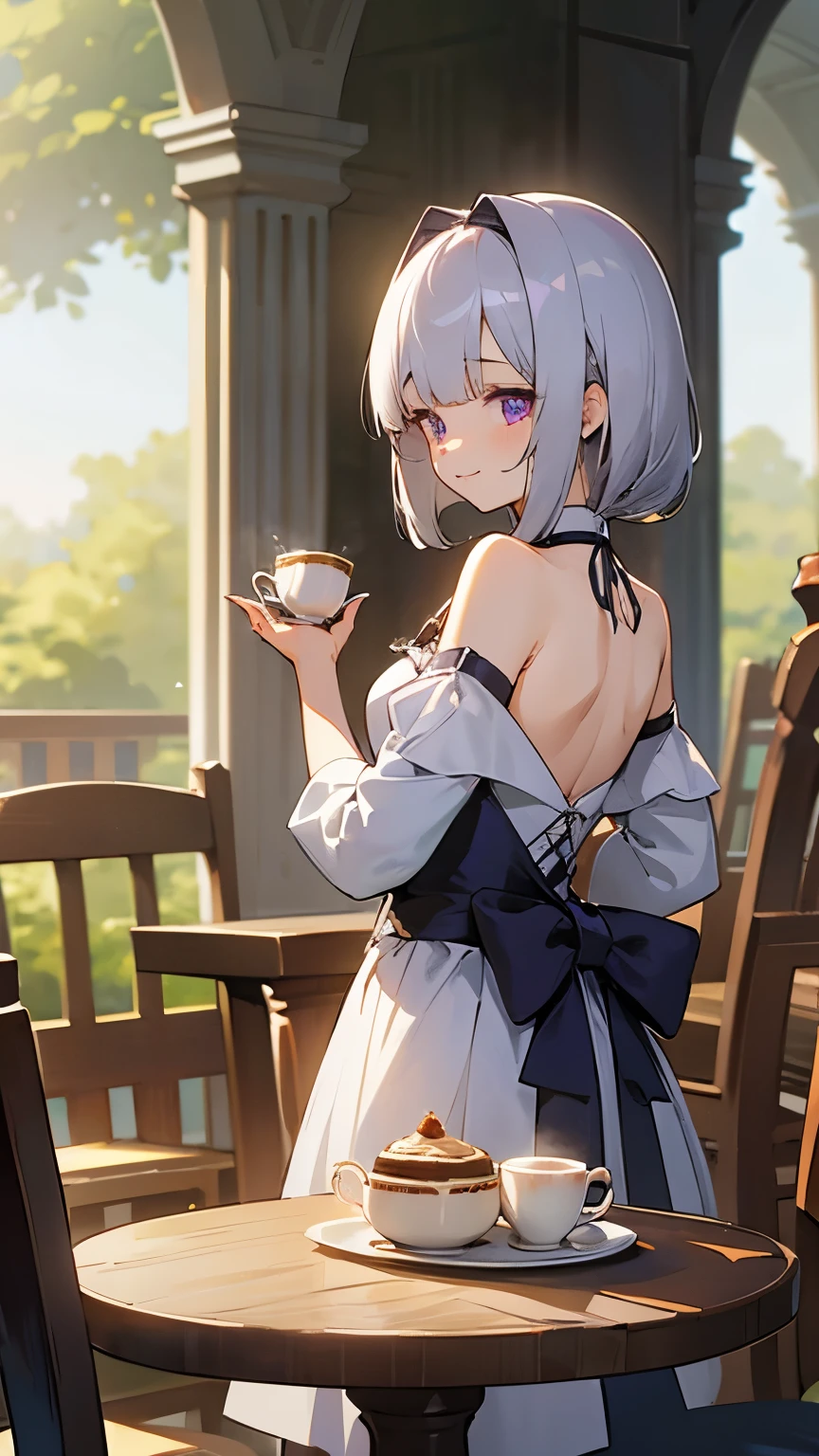 beautiful girl,tea time,紅茶を飲むbeautiful girl,silver hair,purple eyes,bangs airline,Bangs above the eyes,bangs bangs,No thinning lines at the ends of the bangs,two layers of back hair,One layer of back hair is shoulder length,Two layers of hair at the back is waist length,First layer of back hair curled inwards,The first impression of the back hair is a medium bob,The second layer of back hair is curled outward.,Proud smile,garden,table,chair,cake stand