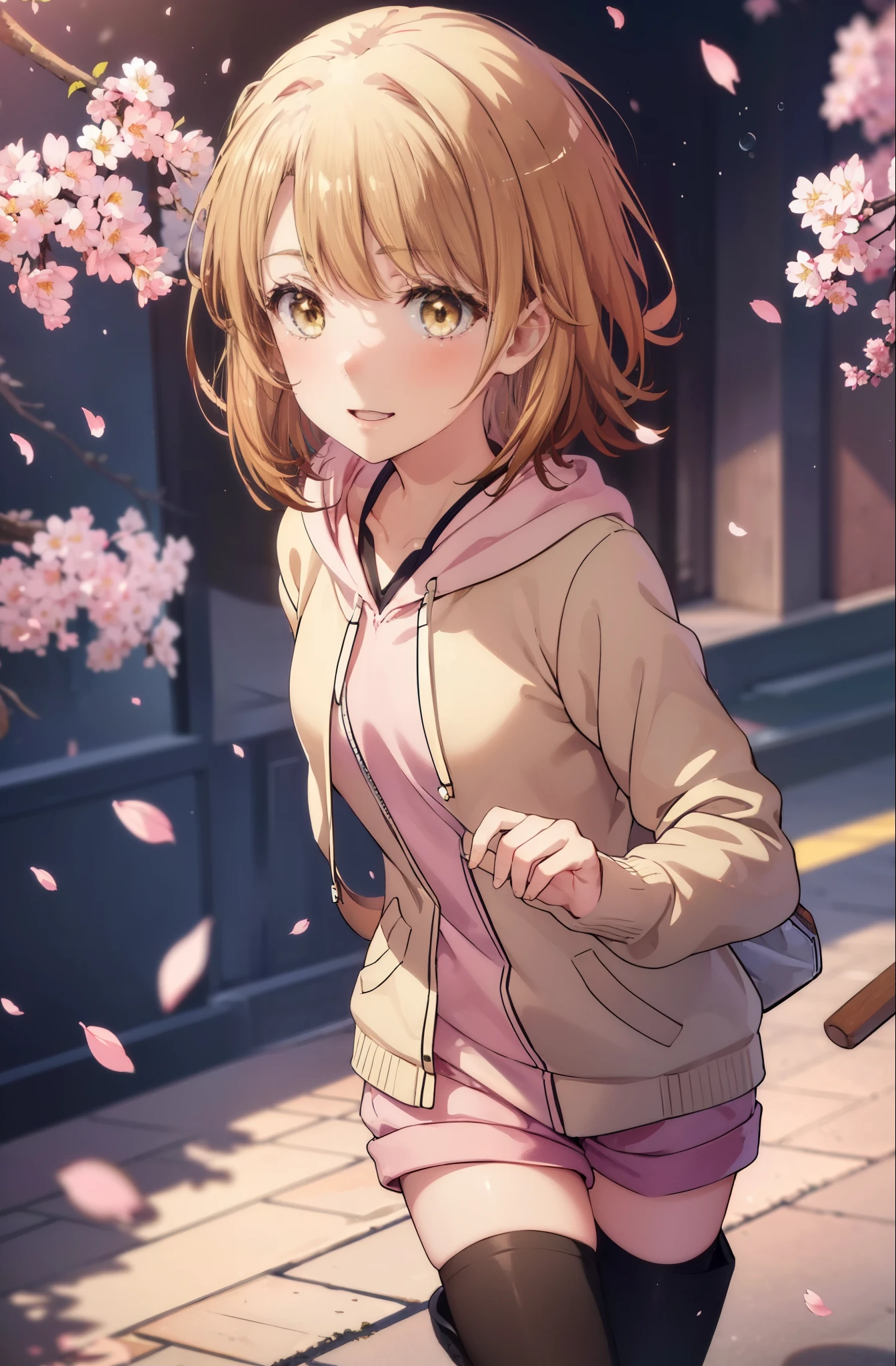 irohaisshiki, iroha isshiki, short hair, brown hair, (brown eyes:1.5), blush,smile,open your mouth,Pink hoodie,shorts,black tights,Knee-high boots,Many cherry blossoms are blooming,Cherry blossoms are scattered,
break indoors, Cherry blossom tree-lined path,
break looking at viewer,whole body,Upper body,
break (masterpiece:1.2), highest quality, High resolution, unity 8k wallpaper, (figure:0.8), (detailed and beautiful eyes:1.6), highly detailed face, perfect lighting, Very detailed CG, (perfect hands, perfect anatomy),