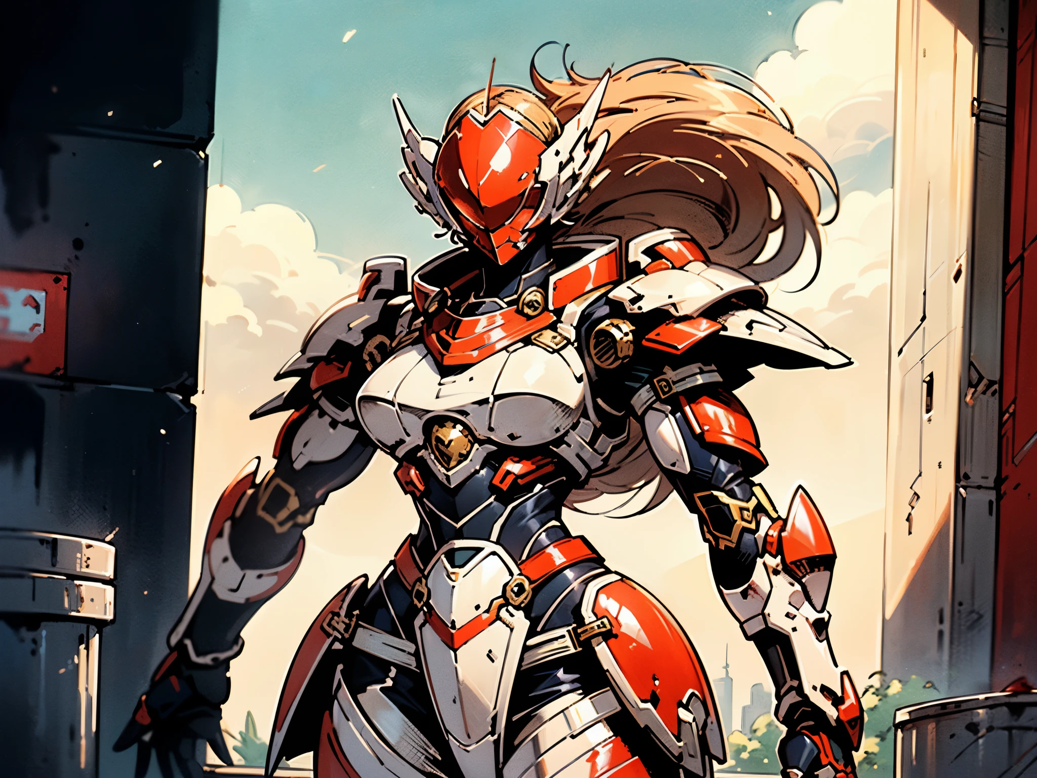 A woman adorned in fantasy-style full-body armor, a crown-concept fully enclosed helmet that unveils only her eyes, a composite layered chest plate, fully encompassing shoulder and hand guards, a lightweight waist armor, form-fitting shin guards, the overall design is heavy-duty yet flexible, ((the armor gleams with a golden glow, complemented by red and blue accents)), exhibiting a noble aura, she floats above a fantasy-surreal high-tech city, this character embodies a finely crafted fantasy-surreal style armored hero in anime style, exquisite and mature manga art style, (Queen bee mixed with Spider concept Armor, plasma, blood), ((Element, energy, elegant, goddess, femminine:1.5)), metallic, high definition, best quality, highres, ultra-detailed, ultra-fine painting, extremely delicate, professional, anatomically correct, symmetrical face, extremely detailed eyes and face, high quality eyes, creativity, RAW photo, UHD, 32k, Natural light, cinematic lighting, masterpiece-anatomy-perfect, masterpiece:1.5