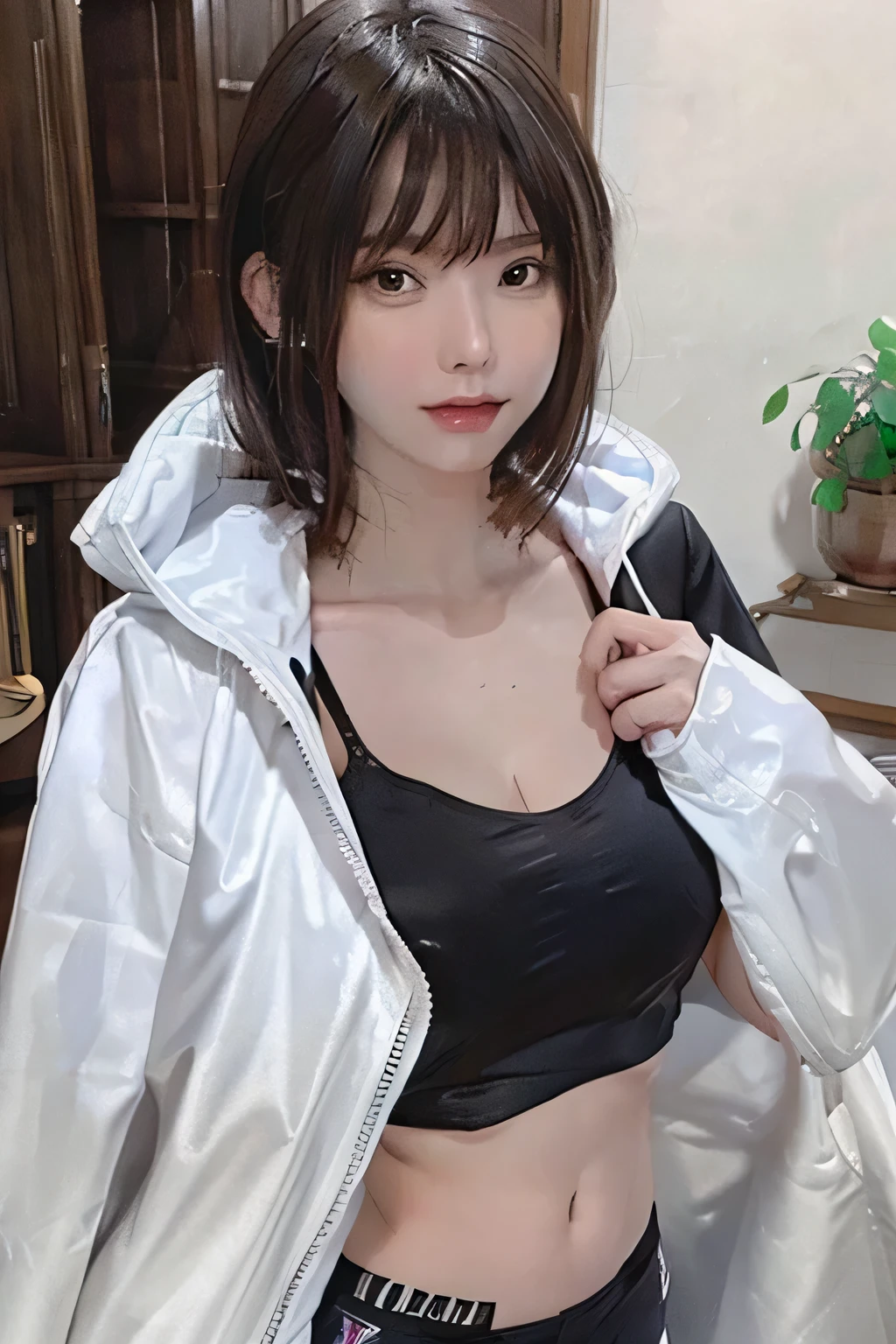 A beautiful woman, solo, young, high solution, 8k, standing, full body, wearing bra and short pants, smiling, medium black hairs, white skin, oily skin, wet body, raining, big breasts, big black eyes, at rice field, Asian realistic face