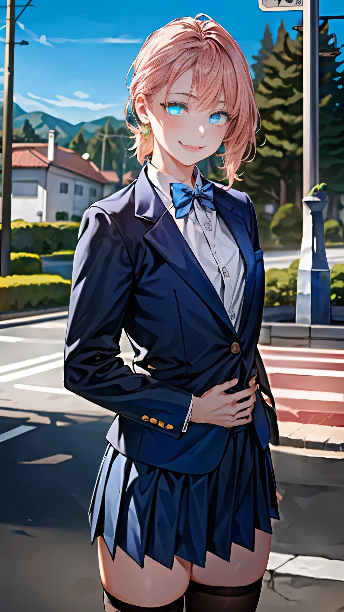 (masterpiece:1.2, highest quality), (realistic, photorealistic:1.4), beautiful illustrations, (natural side lighting, movie lighting), ,
avert your eyes, (face focus, Upper body, Front view:0.6), 1 girl, high school girl, Japanese, perfect face, perfect anatomy, Cute symmetrical face, (long face), shiny skin,
(pompadour:1.6, pink hair), (Strong glowing blue eyes:1.9), ((small narrow eyes)), long eyelasheedium breasts),
beautiful hair, beautiful face, fine and beautiful eyes, beautiful clavicle, beautiful body, beautiful breasts, beautiful thighs, beautiful feet, beautiful fingers,
(((navy blazer:1.6, Navy pleated mini skirt), closed blazer, gray bow tie, white collared shirt), black thigh highs),
(beautiful scenery), written boundary depth, morning, (schoolyard), Are standing, (put your hand on your chest), (cute smile),