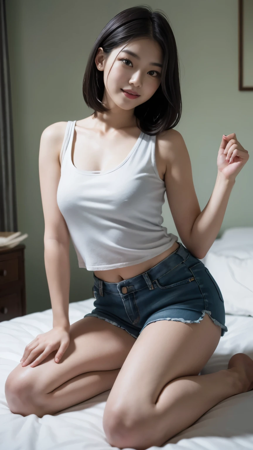 8k，top quality，masterpiece，realism，Three-dimensional，Lovely，Physically based rendering，a female high school student，Chinese face，Lovely，full body shot，The vest is open，pajama shorts，transparency，Smile，toothy，Fair and rosy skin，Short shoulder-length black hair，In the bedroom。Kneel on the bed，not exposed，medium height，Have a good figure，SLR shooting，look at the audience，well laid out，Frontal shooting