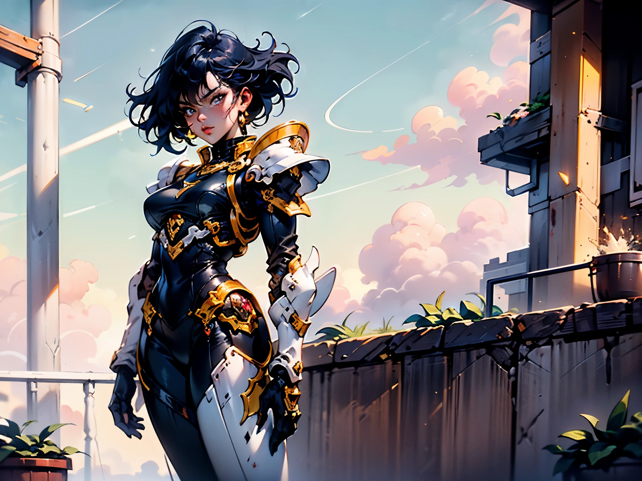 A woman adorned in fantasy-style full-body armor, a crown-concept fully enclosed helmet that unveils only her eyes, a composite layered chest plate, fully encompassing shoulder and hand guards, a lightweight waist armor, form-fitting shin guards, the overall design is heavy-duty yet flexible, ((the armor gleams with a golden glow, complemented by red and blue accents)), exhibiting a noble aura, she floats above a fantasy-surreal high-tech city, this character embodies a finely crafted fantasy-surreal style armored hero in anime style, exquisite and mature manga art style, (Queen bee mixed with Spider concept Armor, plasma, blood), ((Element, energy, elegant, goddess, femminine:1.5)), metallic, high definition, best quality, highres, ultra-detailed, ultra-fine painting, extremely delicate, professional, anatomically correct, symmetrical face, extremely detailed eyes and face, high quality eyes, creativity, RAW photo, UHD, 32k, Natural light, cinematic lighting, masterpiece-anatomy-perfect, masterpiece:1.5