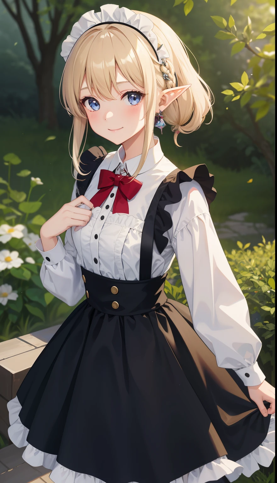 1 girl、as adult、smile、shirt、skirt、apron、hair ornaments、cream hair、elf、maid、maidコスチューム、（small breasts）、Wind、Run briskly、