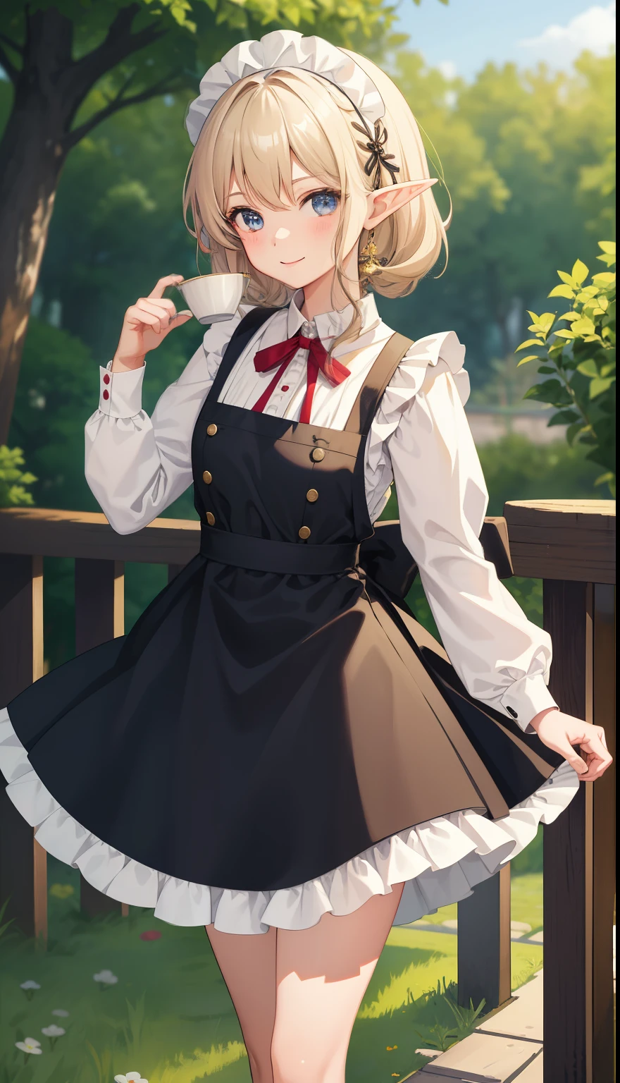 1 girl、as adult、smile、shirt、skirt、apron、hair ornaments、cream hair、elf、maid、maidコスチューム、（small breasts）、Wind、Run briskly、