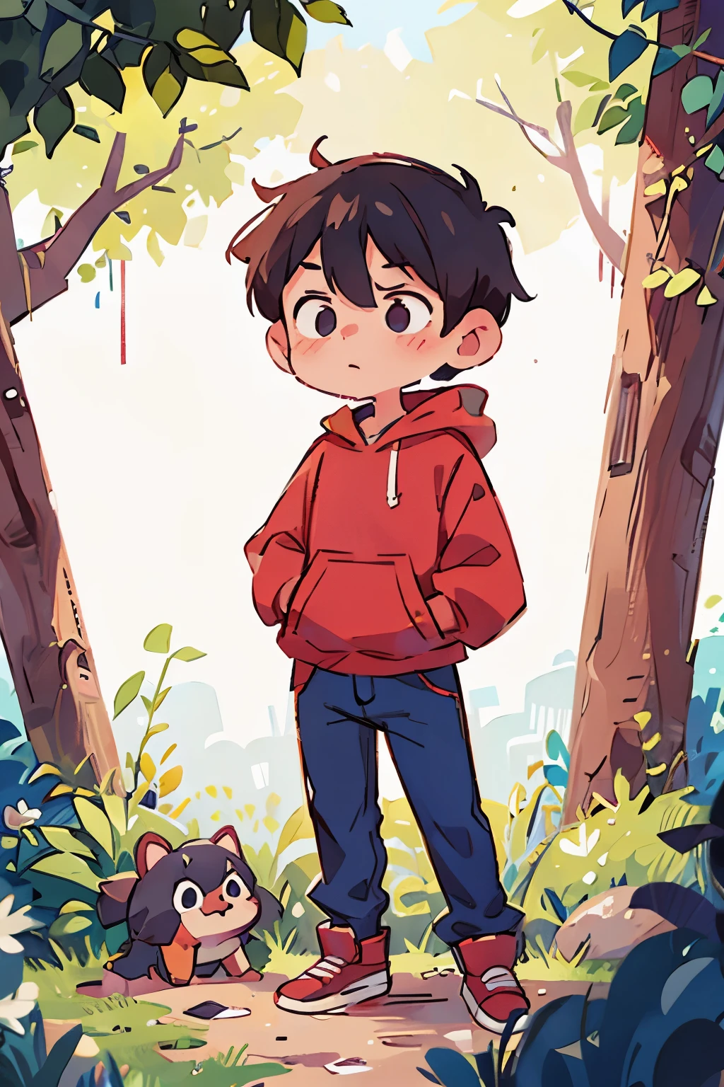 40 year old man standing in the garden、stunned face、black hair、Portrait、reddish brown hoodie、navy blue pants