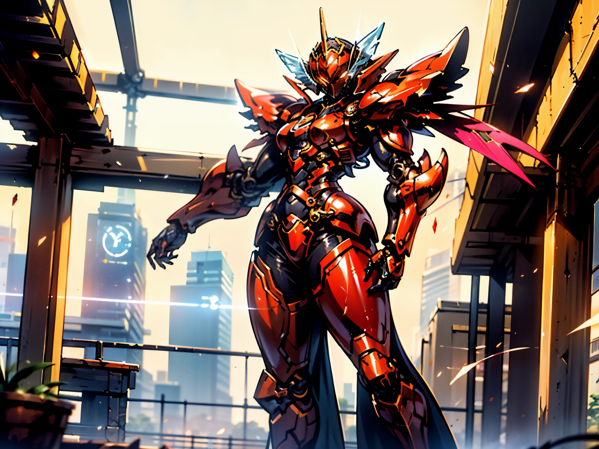 A woman adorned in fantasy-style full-body armor, a crown-concept fully enclosed helmet that unveils only her eyes, a composite layered chest plate, fully encompassing shoulder and hand guards, a lightweight waist armor, form-fitting shin guards, the overall design is heavy-duty yet flexible, ((the armor gleams with a golden glow, complemented by red and blue accents)), exhibiting a noble aura, she floats above a fantasy-surreal high-tech city, this character embodies a finely crafted fantasy-surreal style armored hero in anime style, exquisite and mature manga art style, (Queen bee mixed with Spider concept Armor, plasma, blood), ((Element, energy, elegant, goddess, femminine:1.5)), metallic, high definition, best quality, highres, ultra-detailed, ultra-fine painting, extremely delicate, professional, anatomically correct, symmetrical face, extremely detailed eyes and face, high quality eyes, creativity, RAW photo, UHD, 32k, Natural light, cinematic lighting, masterpiece-anatomy-perfect, masterpiece:1.5