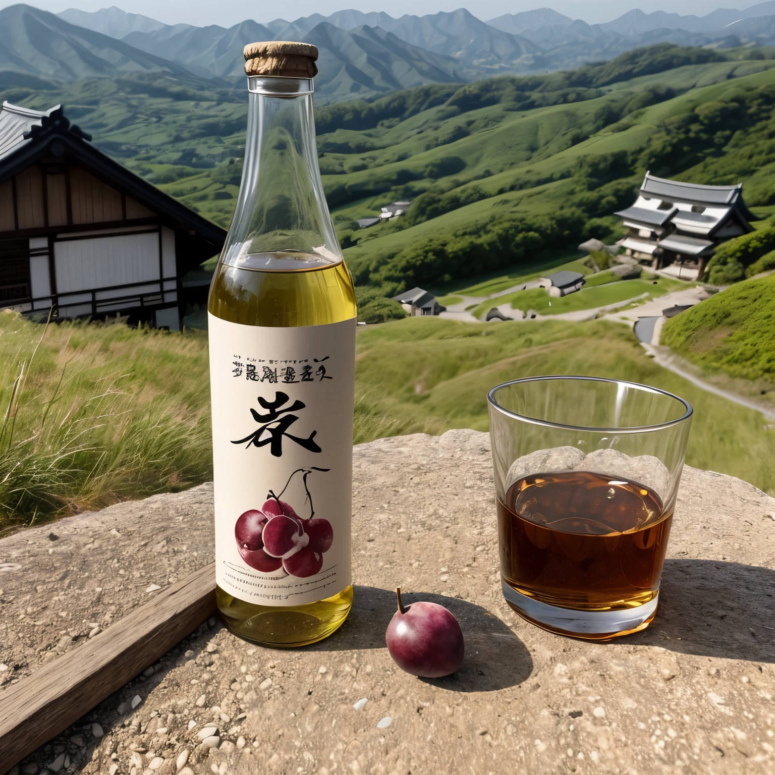 a bottle of plum flavored drink with a beautiful Japanese-style product label design, placed on a grassy hill, a view of a Japanese village below, vertical Japanese characters appearing in the image, natural lighting tone