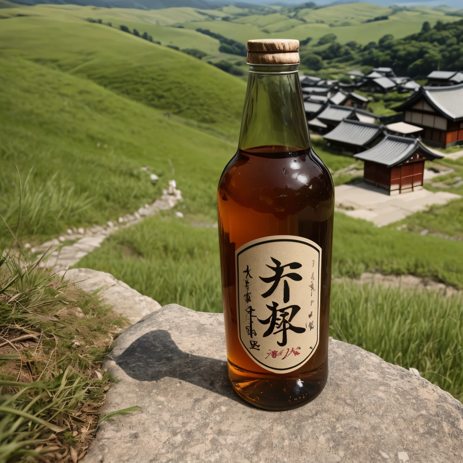 a bottle of plum flavored drink with a beautiful Japanese-style product label design, placed on a grassy hill, a view of a Japanese village below, vertical Japanese characters appearing in the image, natural lighting tone