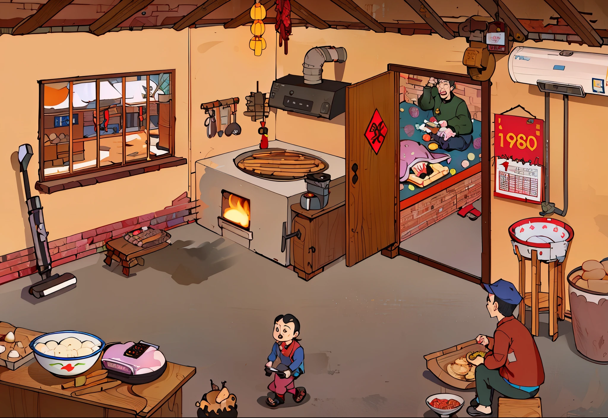 a hotpot restaurant, There are many tables inside，Many people are cooking hot pot，point-and-click adventure game, cozy bistro, GTA Chinatown art style, Inside a gang hideout, game illustration, Inspired by Lin Tinggui, china village, Game screenshots, Inspired by Chen Daofu, Cartoon tofu potatoes, Very detailed scenes