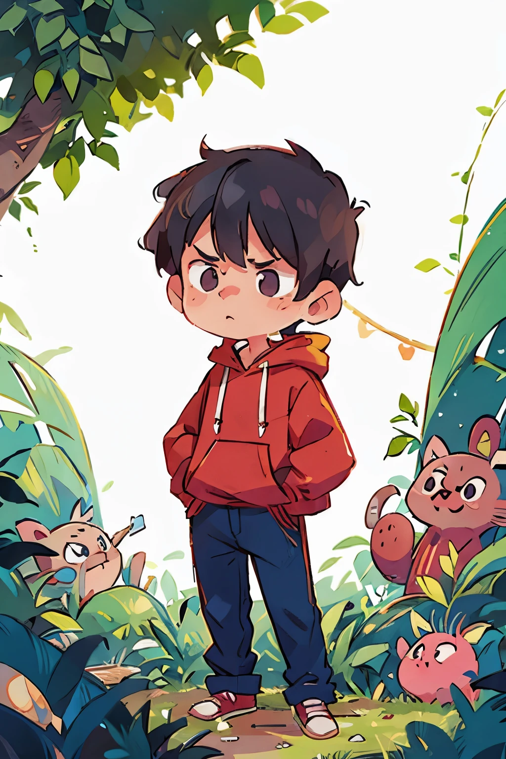40 year old man standing in the garden、angry face、black hair、Portrait、reddish brown hoodie、navy blue pants