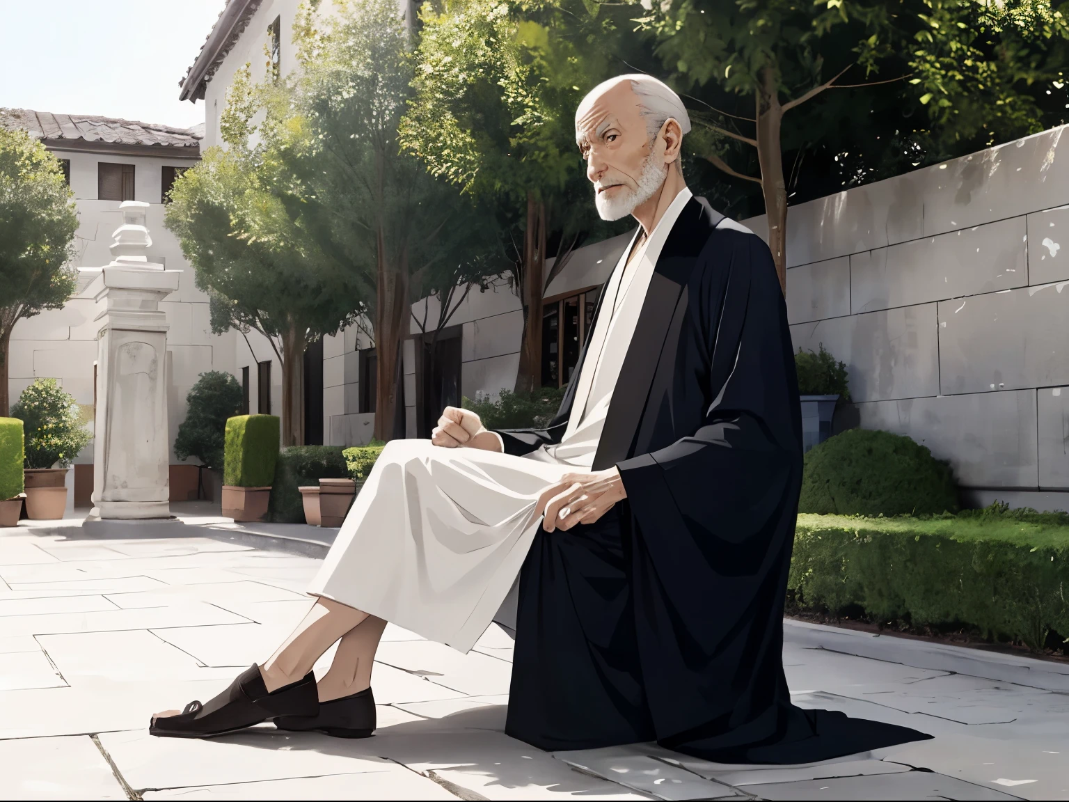 a thin old man,Wearing robes,very good,Eyes are awkward and lively,Sitting in the courtyard,Behind me is the background of Feng Shui metaphysics