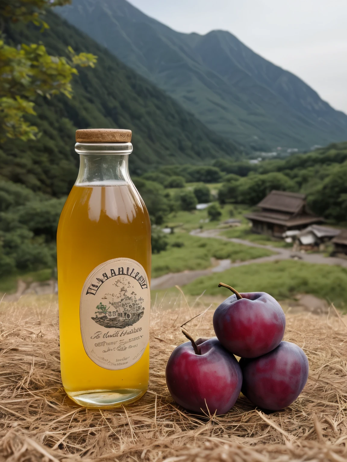 a bottle of plum flavored drink with a beautiful Japanese-style product label design, placed on a grassy hill, a view of a Japanese village below, vertical Japanese characters appearing in the image, pastel tone