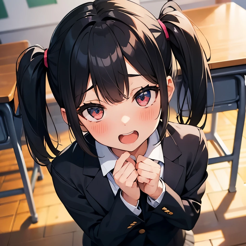 1girl, five fingers, mini Skirt, looking at viewer, twintails, best quality, face focus, blazer, blouse, black pantyhose, classroom, black hair, own hands together, anguish, water eye, smile, open mouth, dynamic angle, from above,full-face blush,