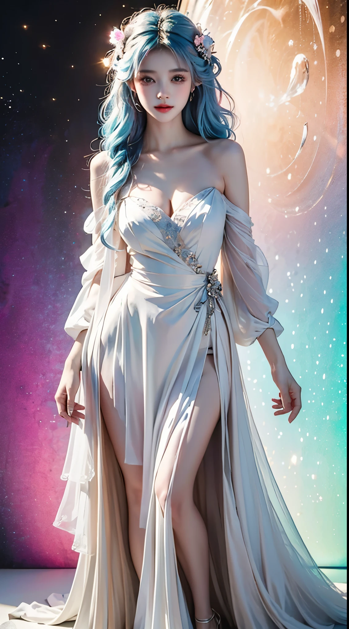 ((full body))，(masterpiece，best quality，high resolution)，(Colorful background，(splash of color))，sweet girl，Light blue and white medium length hair，[light blue|pink]hair，curls，Shiny，红pink的嘴唇，colored flowers，Volumetric lighting，plump breasts，big breasts, cleavage, grace的姿态，Sexy and slender legs, original photo, best quality, 脸庞beauty精致，Otherworldly beauty, Attract attention。beauty、grace、mystery