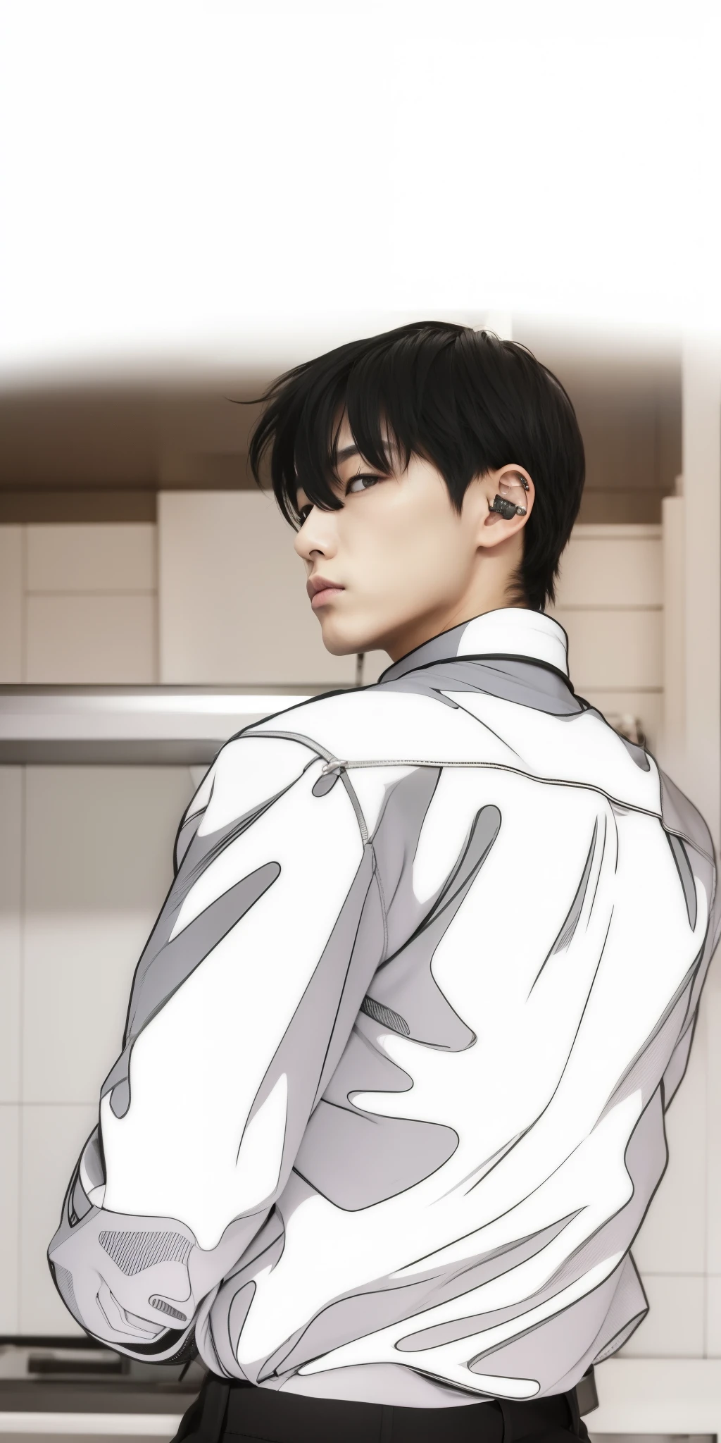 1 asian boy, jo jahyun from wind breaker webtoon, black hair, realistic, ultra detail, 70mm lens