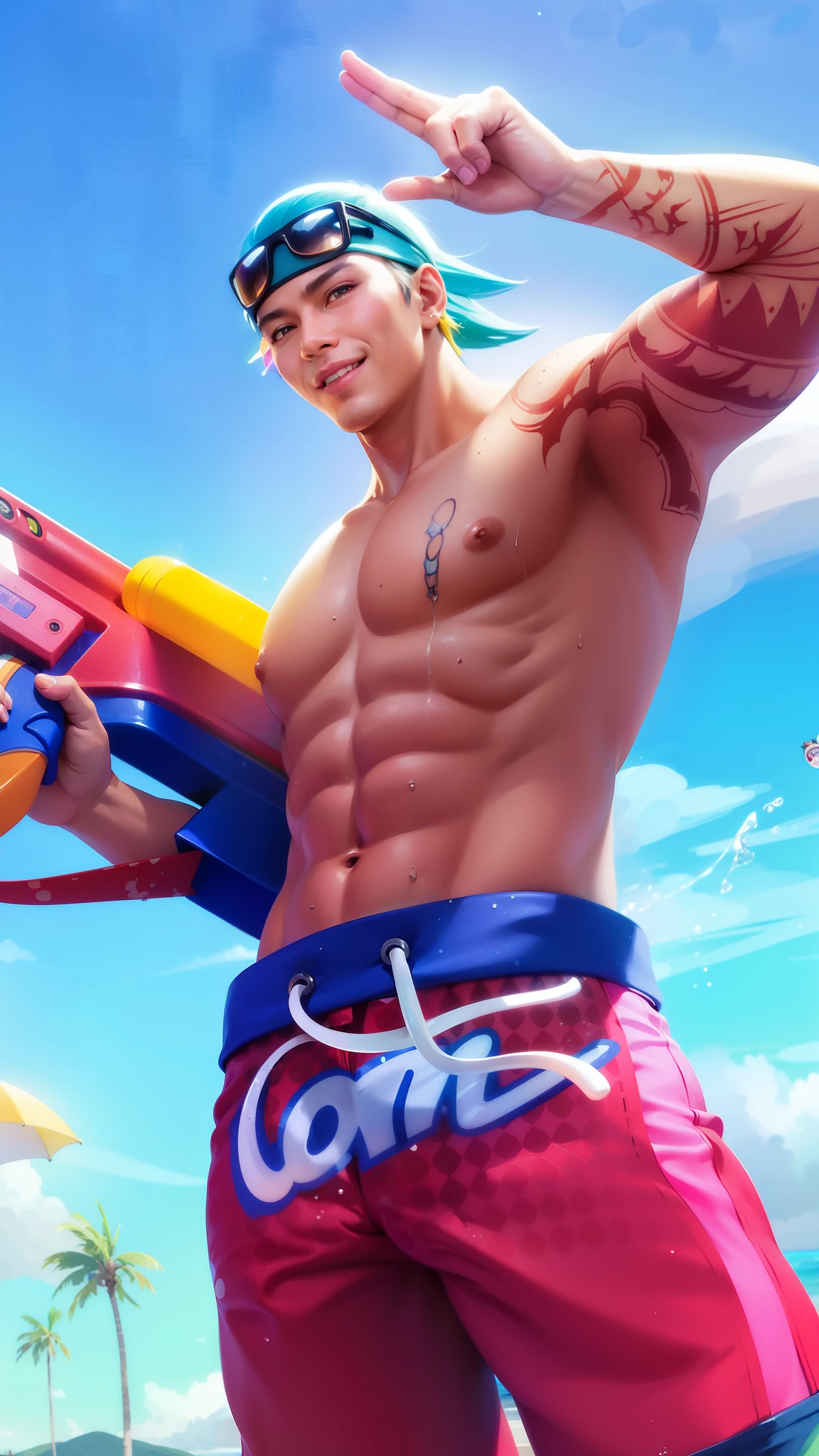 a close up of a person with a surfboard on a beach, rossdraws cartoon vibrant, epic digital art illustration, shirtless :: high detail, deviantart artstation cgscosiety, splashcreen character art, ross tran 8 k, ross tran style, background artwork, extremely detailed artgerm, rossdraws digital painting, rossdraws 1. 0, smile.