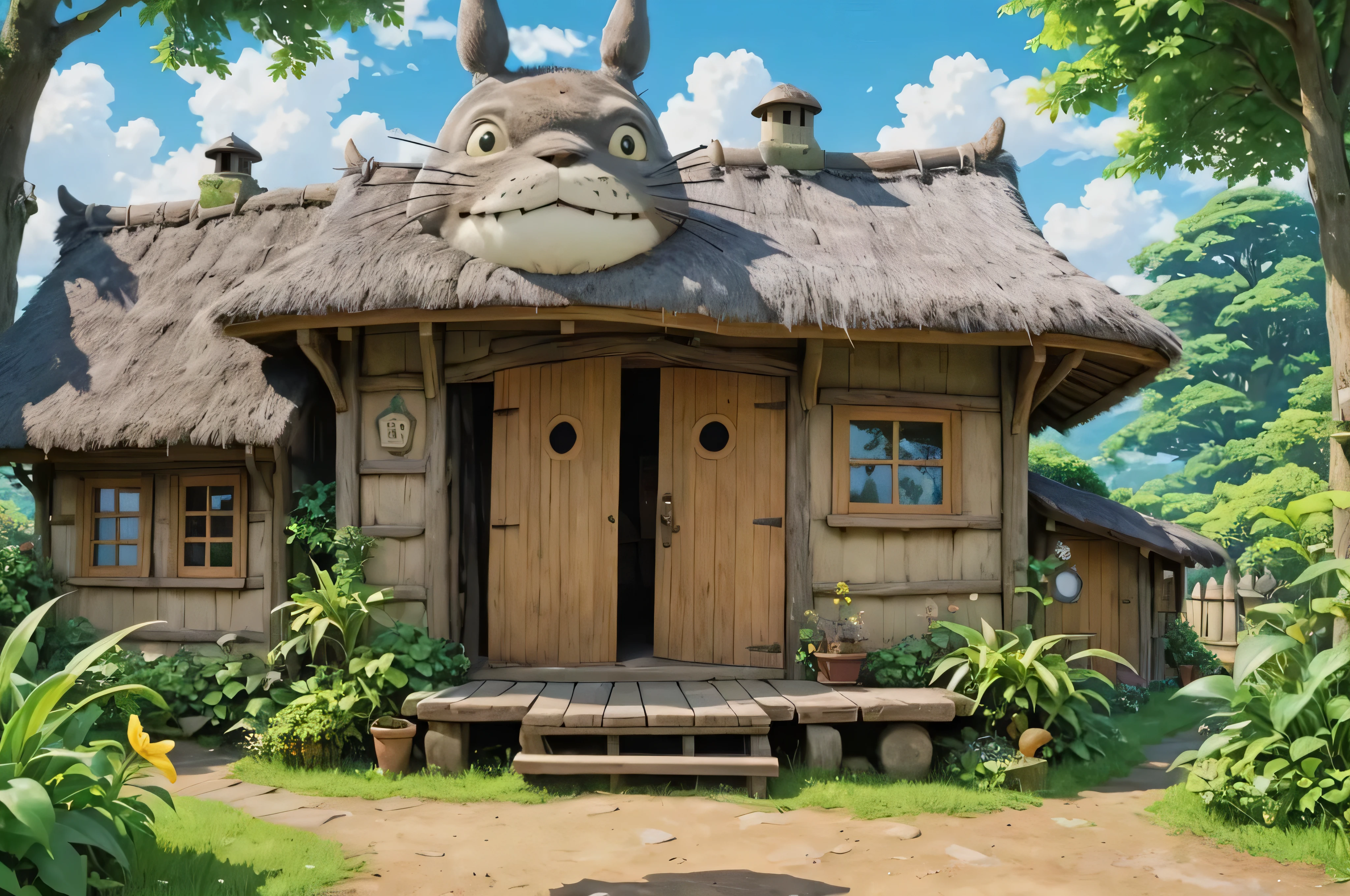 Closeup of thatched roof house and cat on roof, Studio Ghibli style, Studio Ghibli, in Studio Ghibli的风格, Studio Ghibli的熱門話題, Studio Ghibli的风格, Studio Ghibli趨勢, Studio Ghibli anime style, 來自Studio Ghibli電影, Ghibli style, Studio Ghibli的灵感, studio Ghibli style, A real life chinchilla
