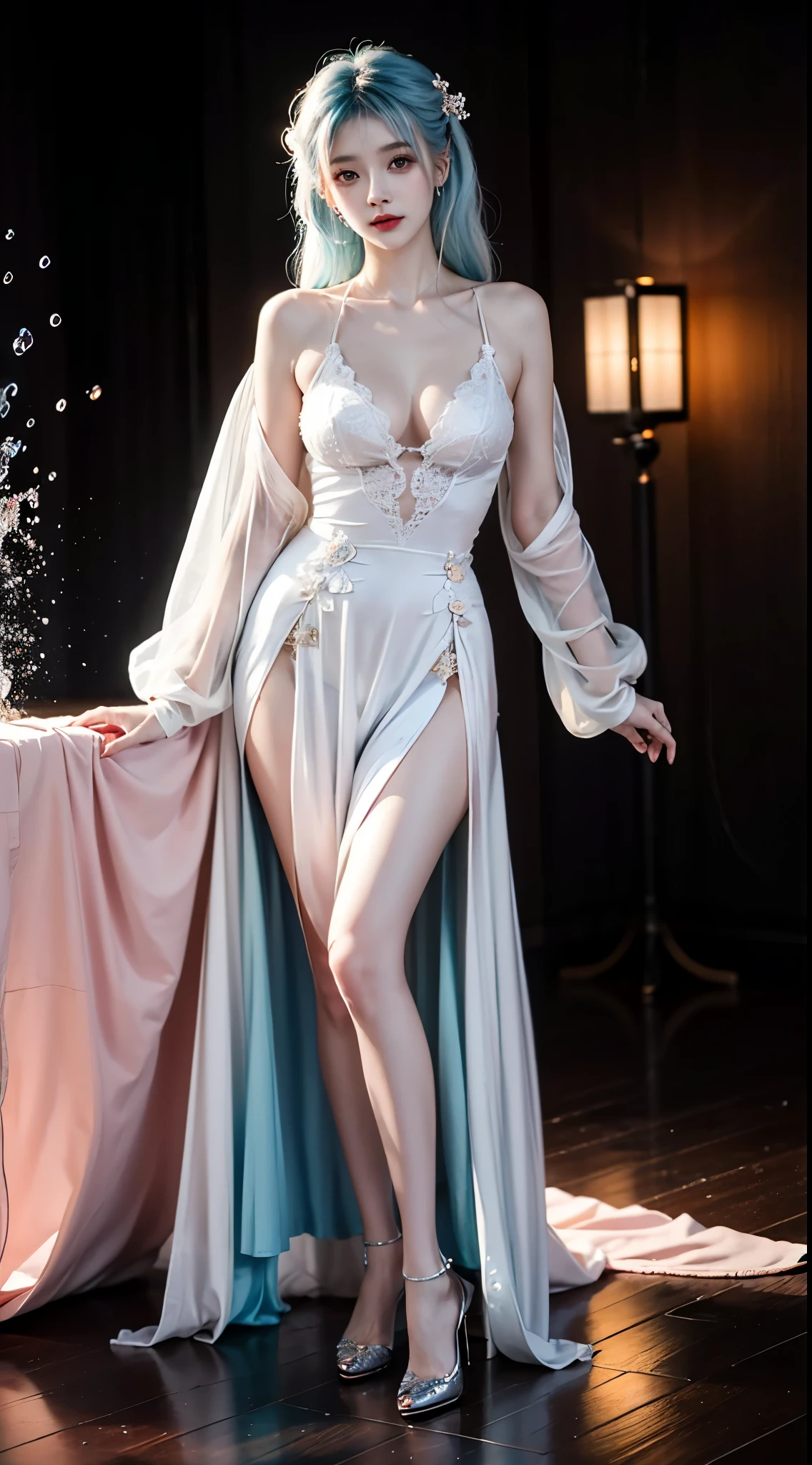 ((full body))，(masterpiece，best quality，high resolution)，(Colorful background，(splash of color))，sweet girl，Light blue and white medium length hair，[light blue|pink]hair，curls，Shiny，红pink的嘴唇，colored flowers，Volumetric lighting，plump breasts，big breasts, cleavage, grace的姿态，Sexy and slender legs, original photo, best quality, 脸庞beauty精致，Otherworldly beauty, Attract attention。beauty、grace、mystery