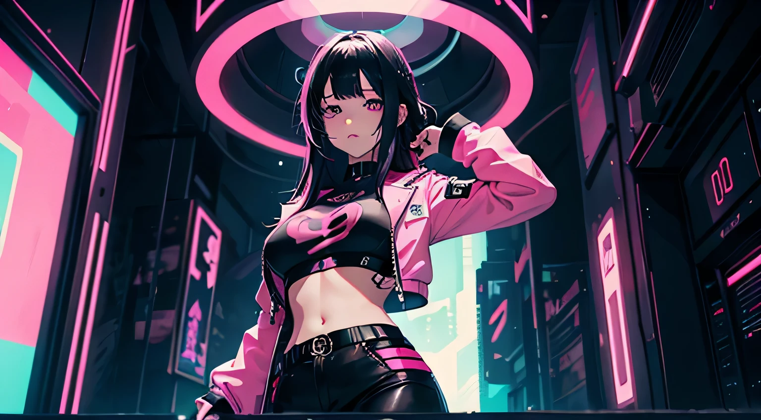 1 girl, solo, long_hair, bangs_between_the_eyes black_hair_with_strands_pink, bi_color_ pink_neon eyes, sexy_face, cyberpunk_clothes, short_jacket, navel appears, short_skirt, scarred_legs, left_arm_band, tattoo_above_navel_background_of_abstract colorful popcyberpunk art, manga_style_image, big breast, half body shot.