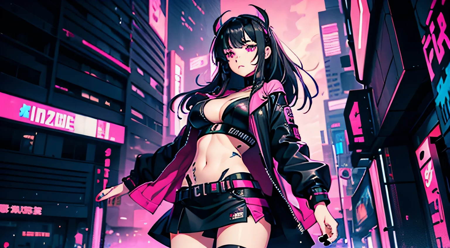 1 girl, solo, long_hair, bangs_between_the_eyes black_hair_with_strands_pink, bi_color_ pink_neon eyes, sexy_face, cyberpunk_clothes, short_jacket, navel appears, short_skirt, scarred_legs, left_arm_band, tattoo_above_navel_background_of_abstract colorful popcyberpunk art, manga_style_image, big breast, half body shot.