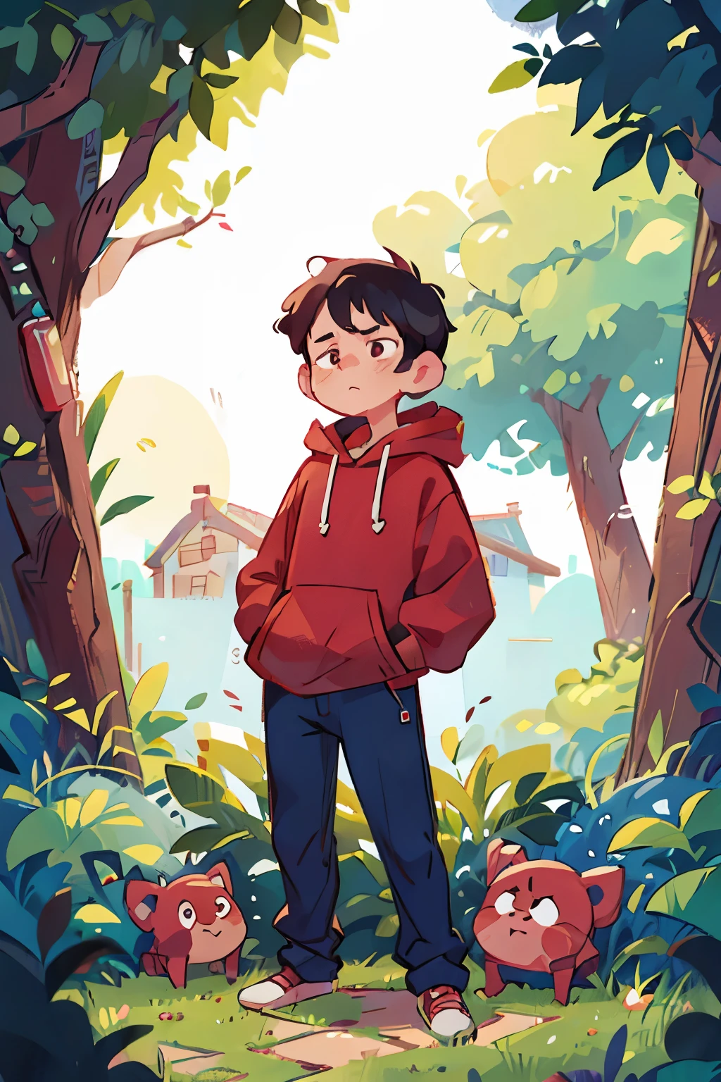 40 year old man standing in the garden、Sad face、black hair、Portrait、reddish brown hoodie、navy blue pants