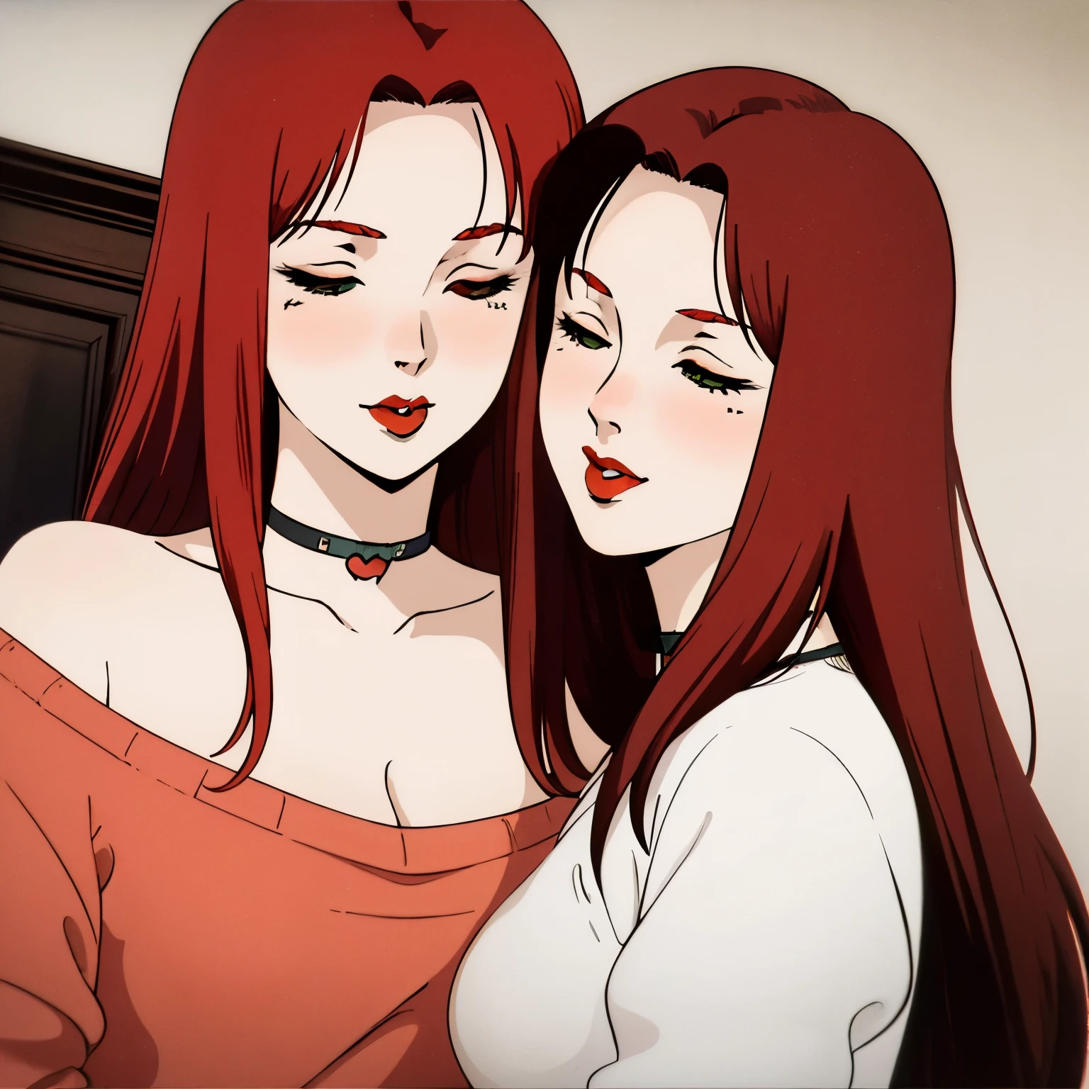 masterpiece,high quality,highres,2people,nsfw, christinamackenzie,2girls, bedroom, slutty clothing, thin body, curvy body, horny, sexy pose, eyes slightly closed, kiss mouth,pucker kiss,tongue, (red lips:1.0), choker, face blush, (pale skin:1.2), long hair,parted bangs,red hair,green eyes, 