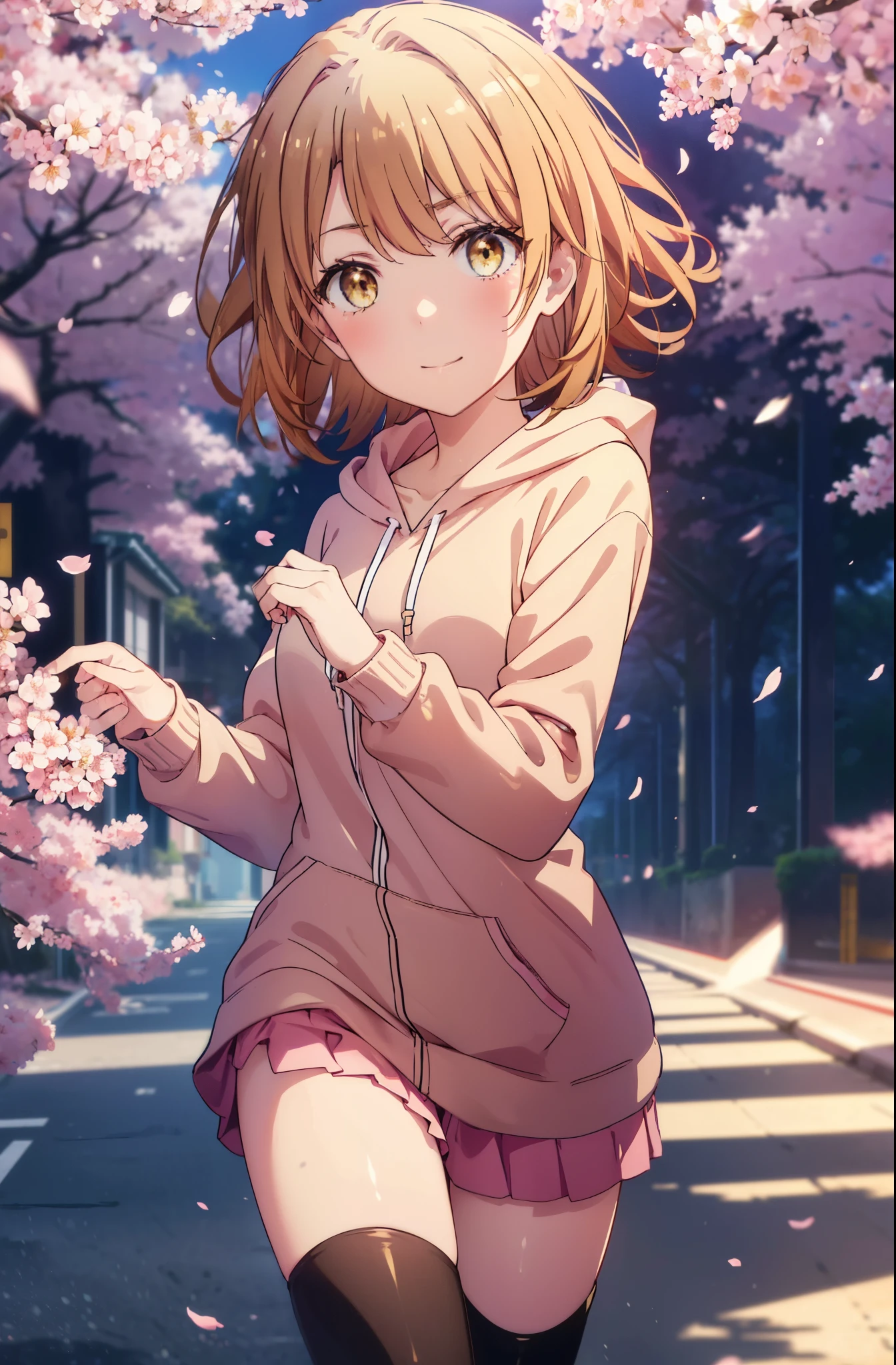 irohaisshiki, iroha isshiki, short hair, brown hair, (brown eyes:1.5), blush,smile,open your mouth,pink hoodie,short denim pants,black tights,knee high boots,Lots of cherry blossoms are blooming,Cherry blossoms are scattered,
break indoors, Cherry blossom tree-lined path,
break looking at viewer,whole body,Upper body,
break (masterpiece:1.2), highest quality, High resolution, unity 8k wallpaper, (shape:0.8), (fine and beautiful eyes:1.6), highly detailed face, perfect lighting, Very detailed CG, (perfect hands, perfect ???????),