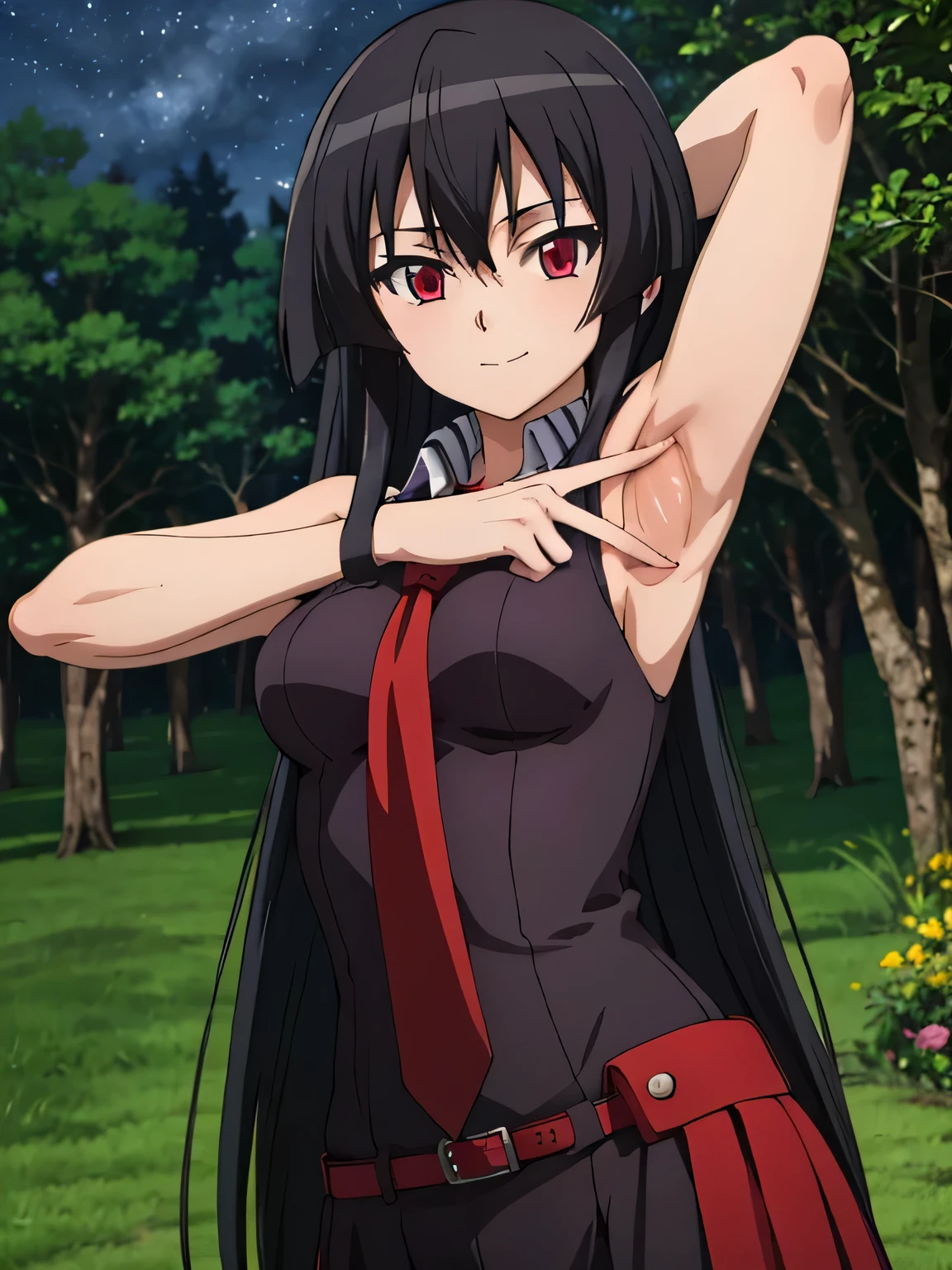 solo, 1girl, looking at viewer, 2D, anime, anime coloring, upper body, akame, necktie, sleeveless, looking at viewer, closed mouth, small smile, solo, night sky, forest, {arms behind head}, contrapposto, spread armpits,