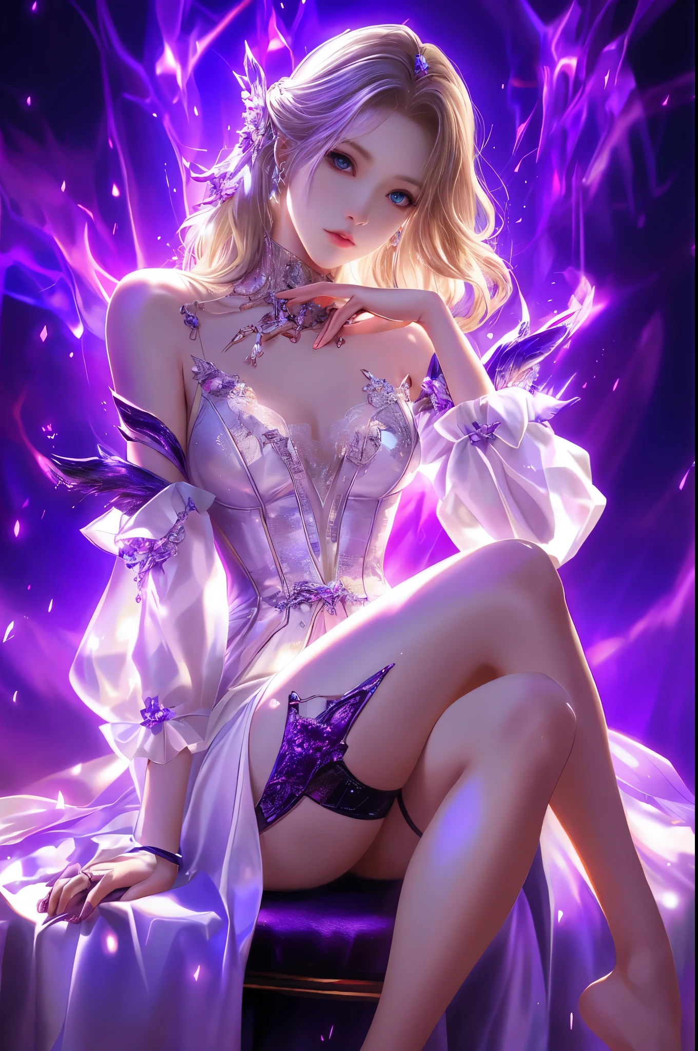 anime girl in a corset sitting on a chair with purple lights, fantasy art style, extremely detailed artgerm, ! dream artgerm, 8k high quality detailed art, fantasy gorgeous lighting, digital fantasy art ), ((a beautiful fantasy empress)), beautiful fantasy art, by Yang J, ig model | artgerm, fanart best artstation