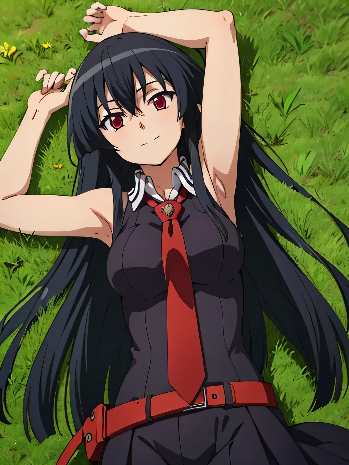 solo, 1girl, looking at viewer, 2D, anime, anime coloring, cowboy shot, akame, necktie, sleeveless, looking at viewer, solo, cowboy shot, lying, on back, on grass, spread arms, smile, arms up, closed mouth